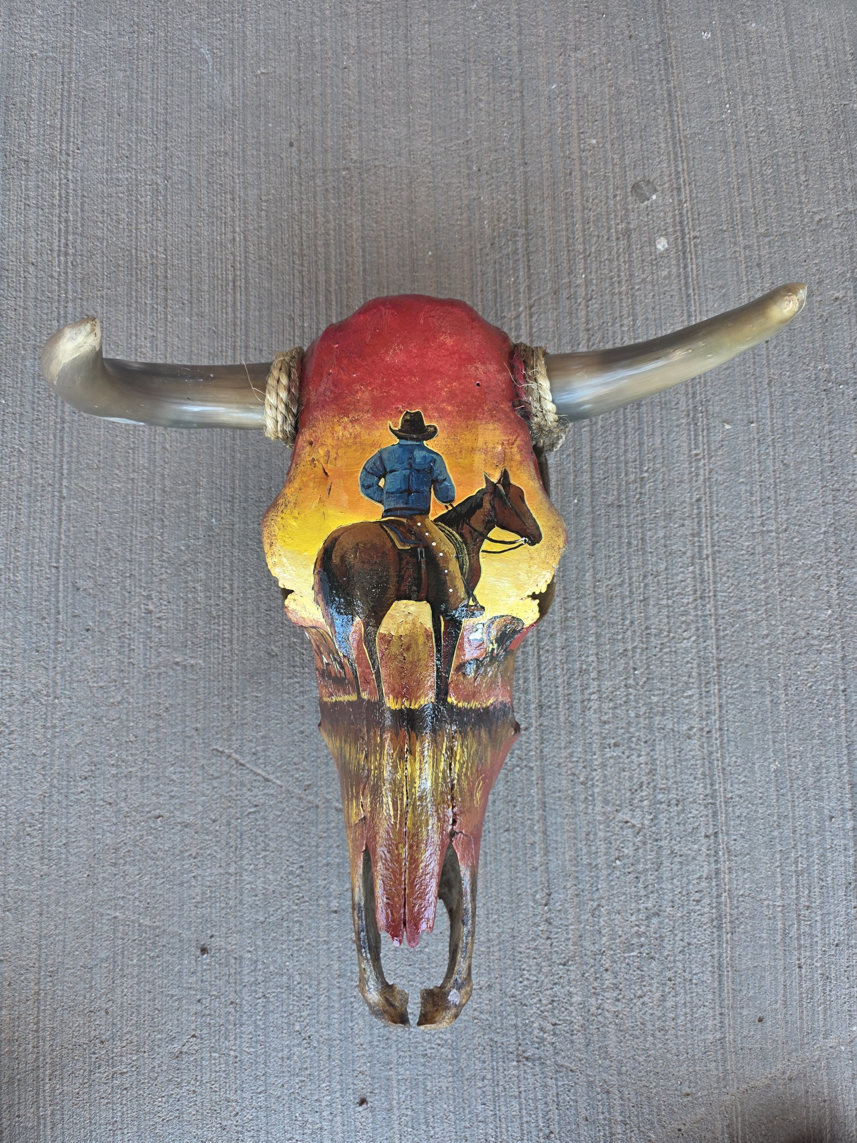 FHRAN77 - Hand-Painted Western Longhorn Skull – Cowboy Sunset Art