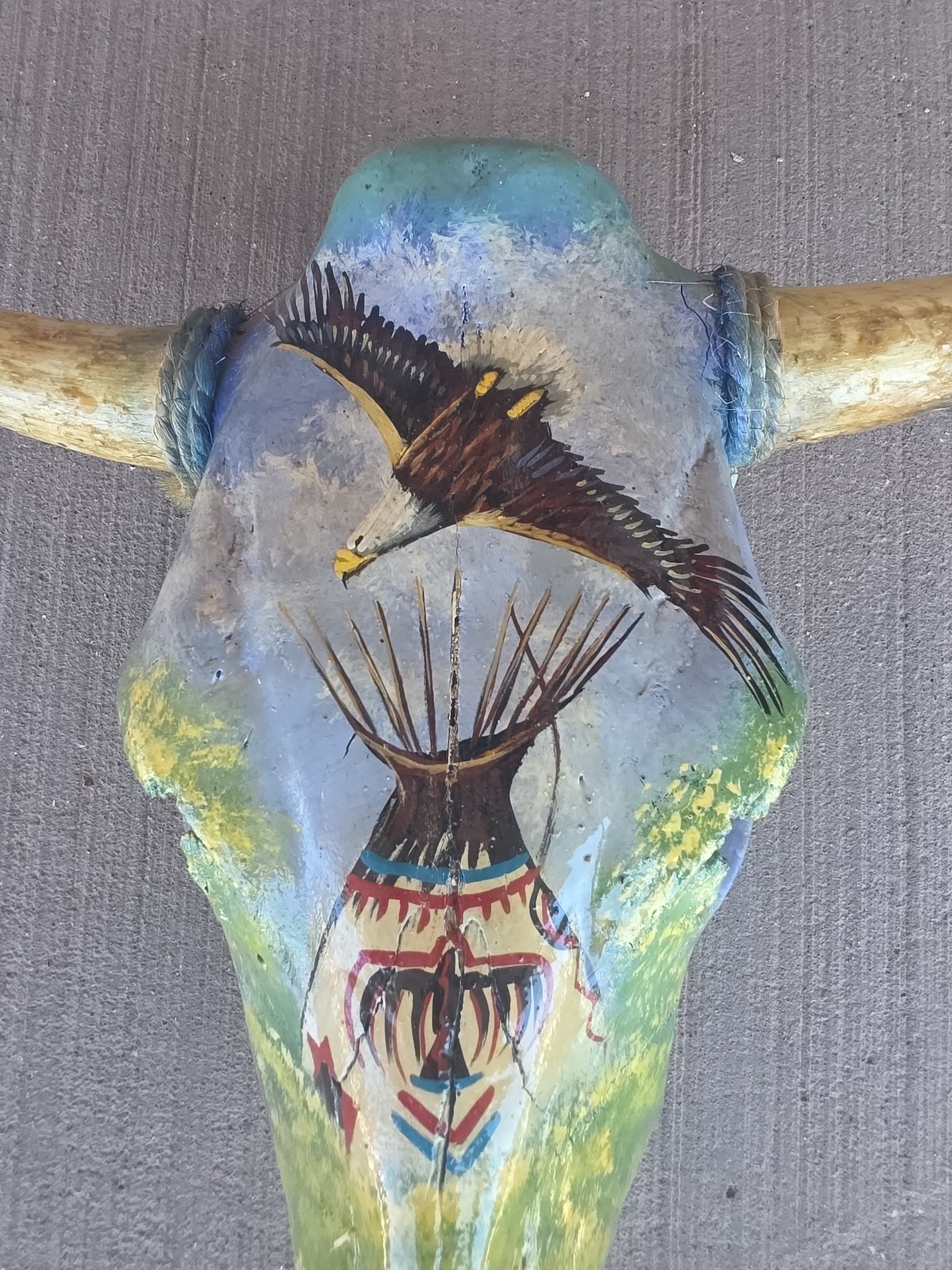 FhRAN81 - Hand-Painted Wilderness Scene Cow Skull