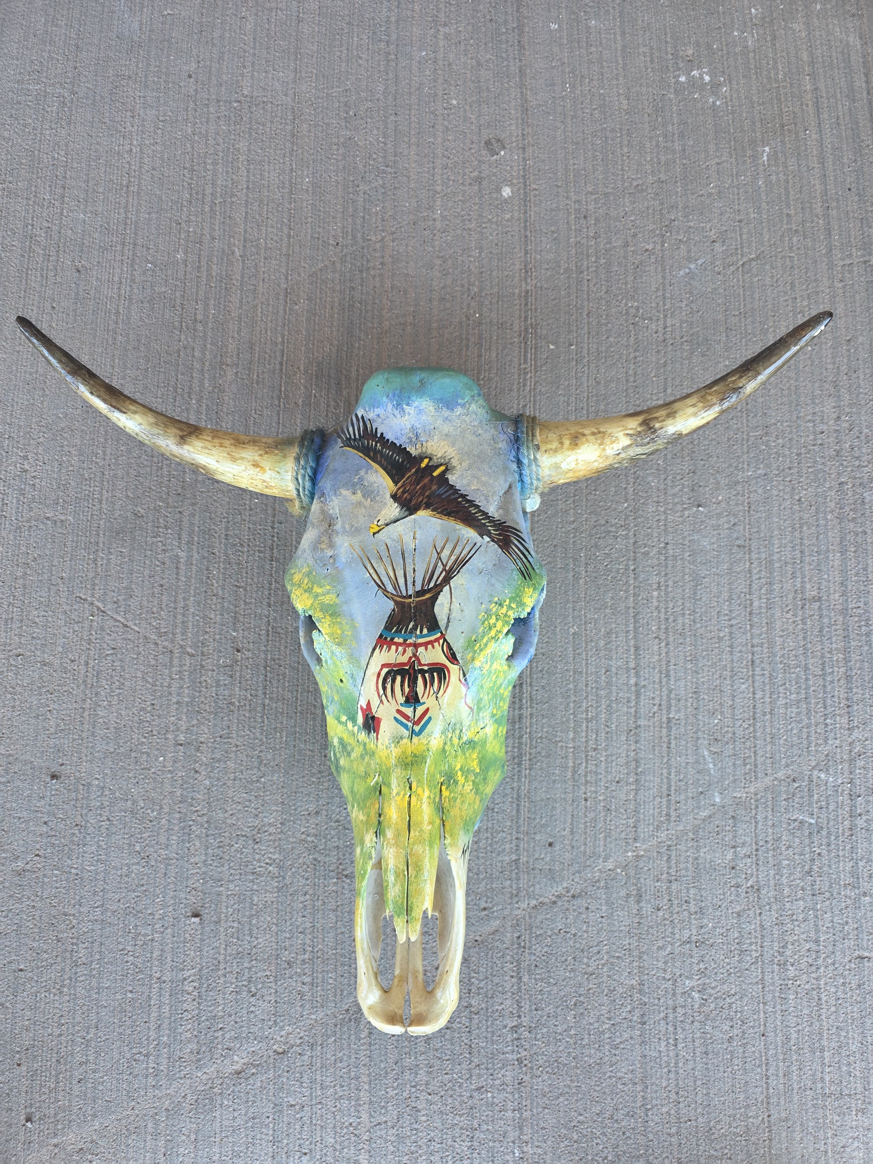 FhRAN81 - Hand-Painted Wilderness Scene Cow Skull