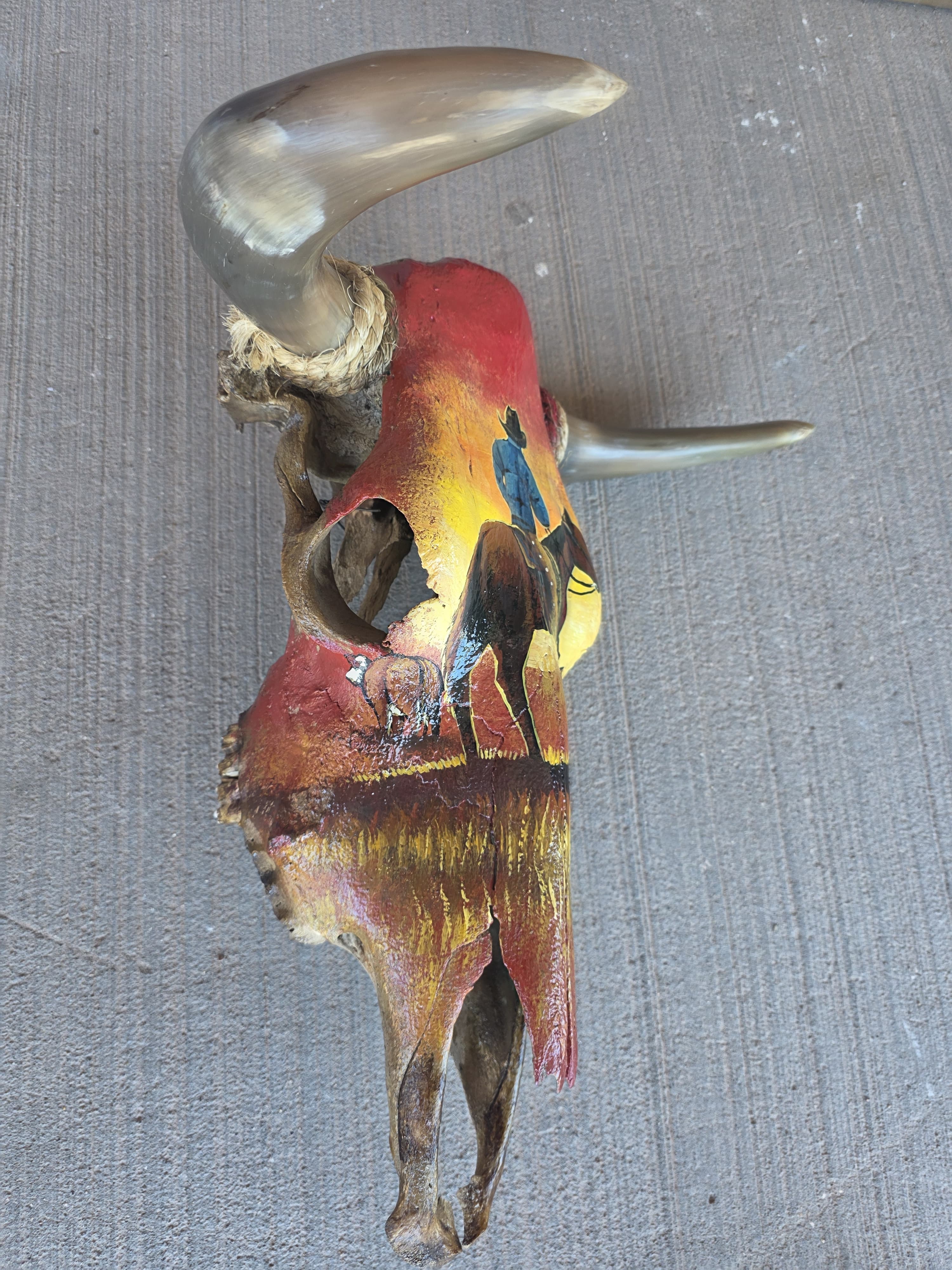 FHRAN77 - Hand-Painted Western Longhorn Skull – Cowboy Sunset Art