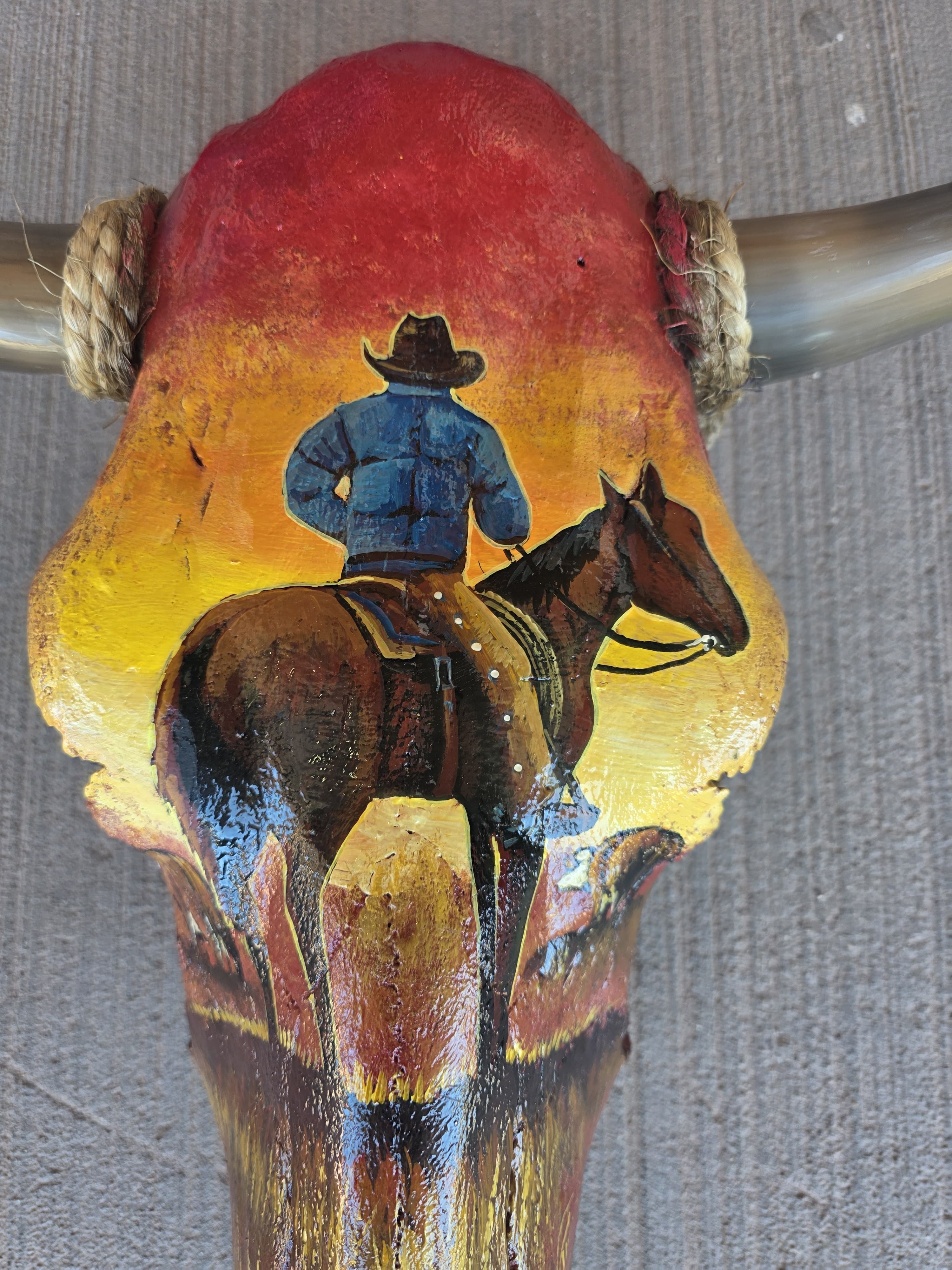 FHRAN77 - Hand-Painted Western Longhorn Skull – Cowboy Sunset Art