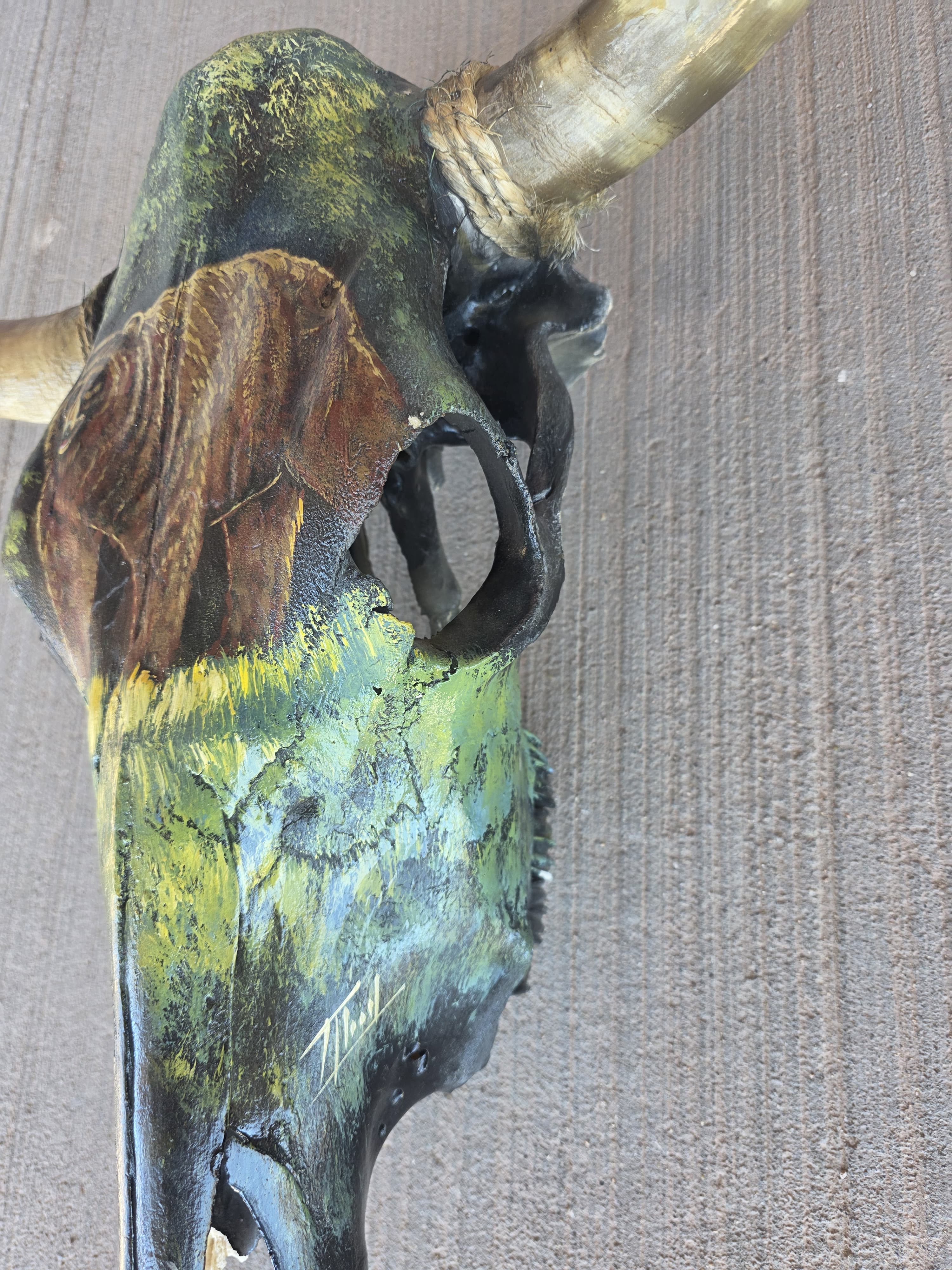 FHRAN78 - Hand-Painted Bear Longhorn Skull – Rustic Wildlife Art