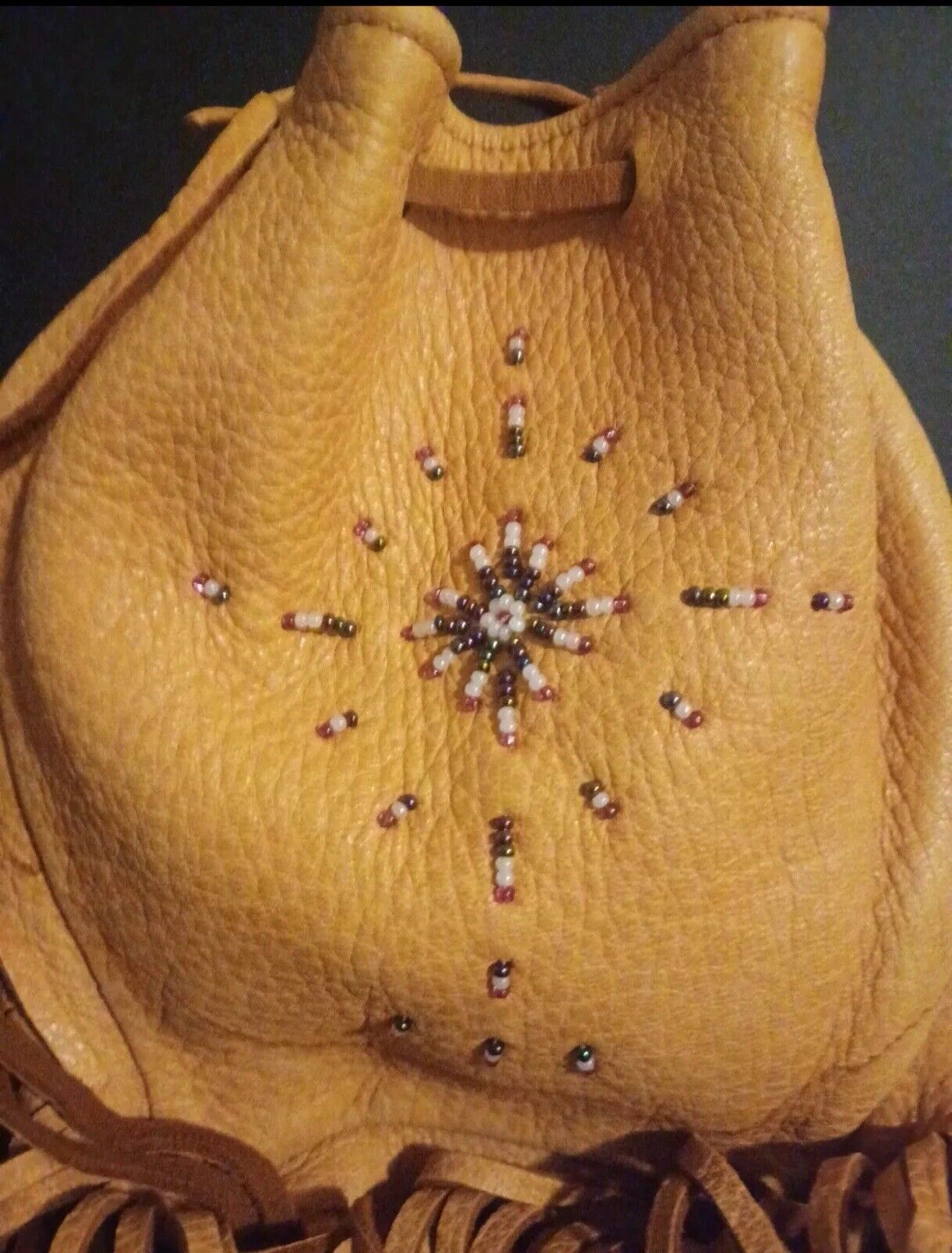 Native American Handmade Purse / Bag Beaded Fringed Buckskin Leather Small Vtg