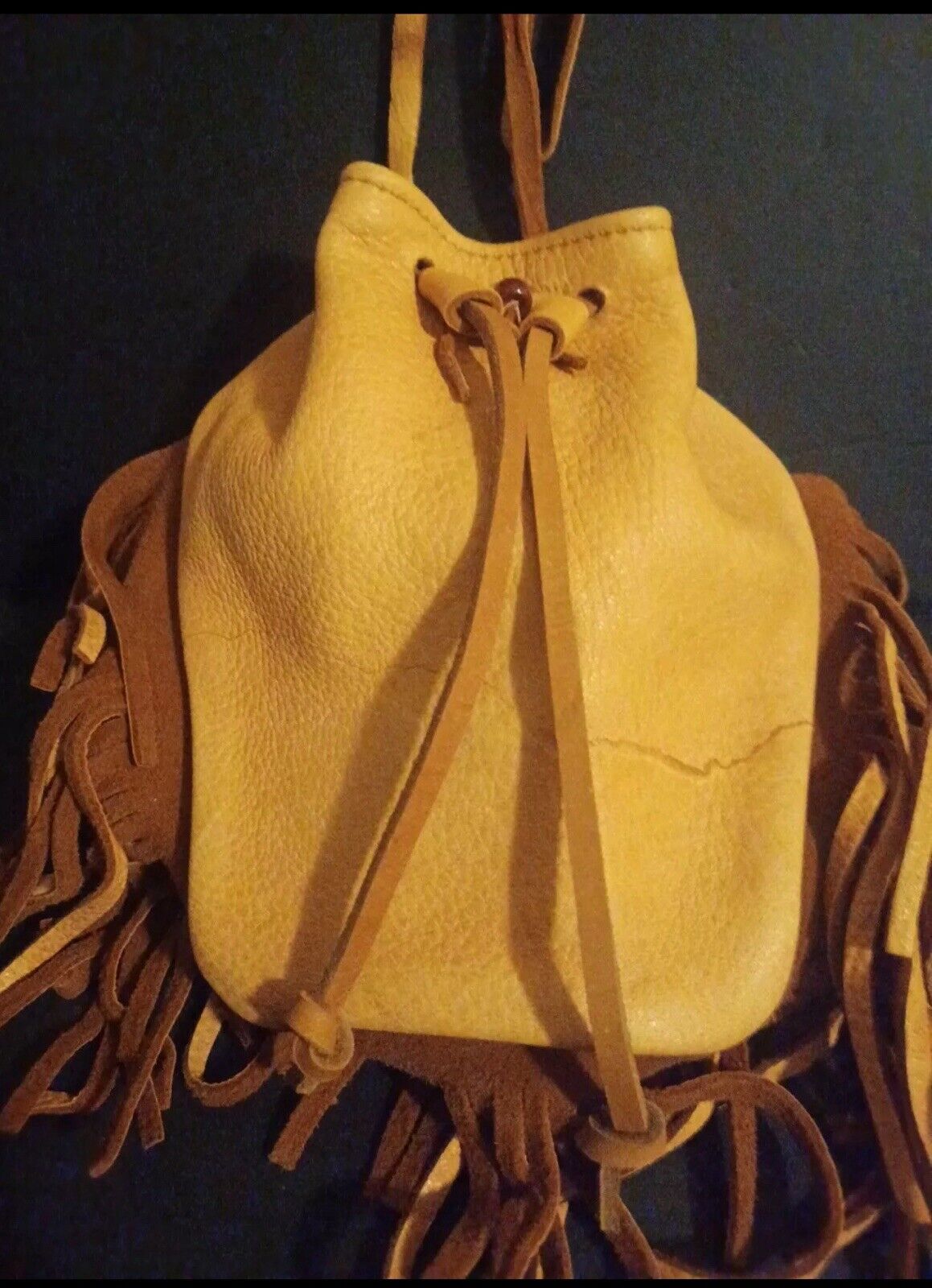 Native American Handmade Purse / Bag Beaded Fringed Buckskin Leather Small Vtg