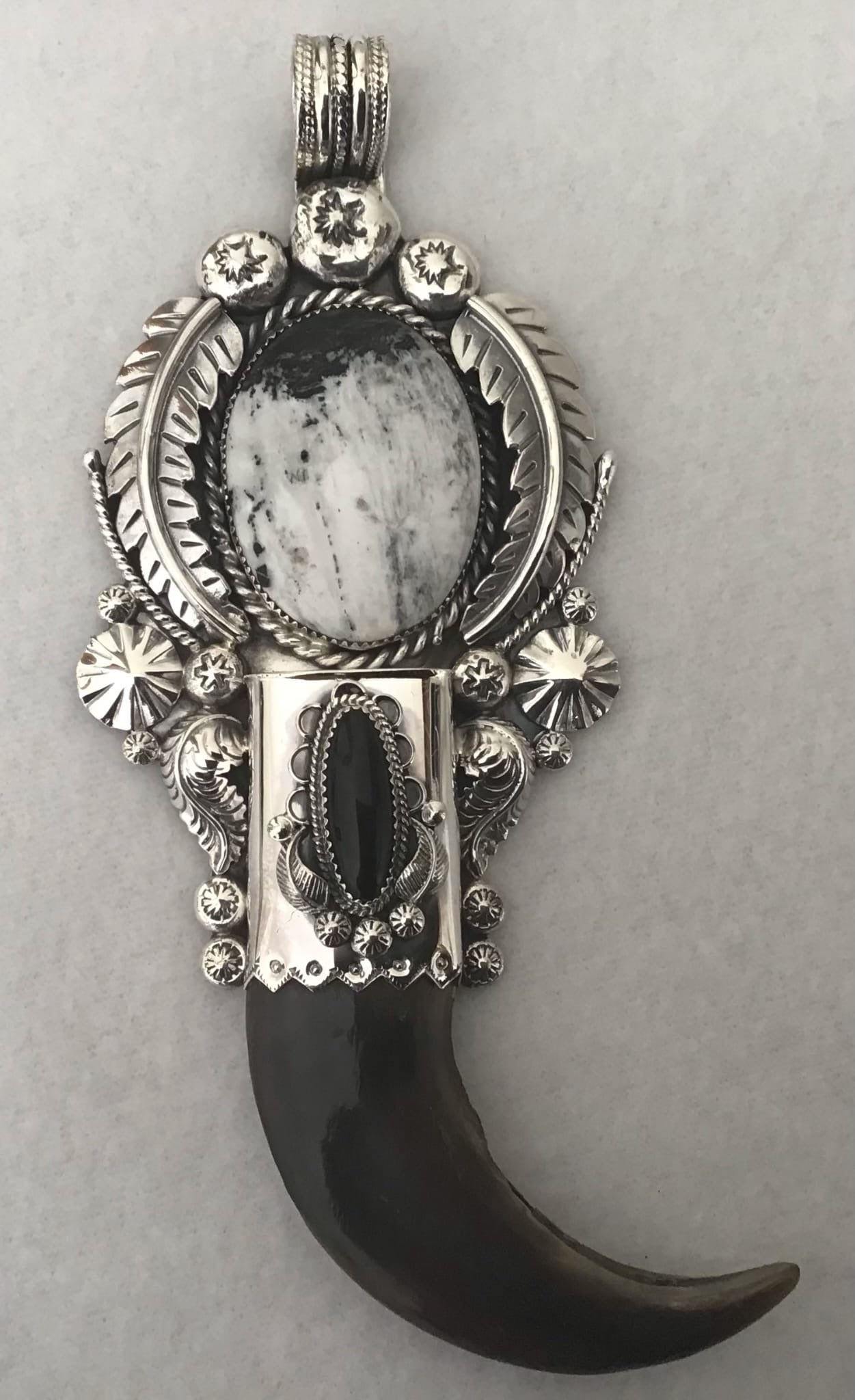 UNBELIEVABLE Sterling Silver Squash Blossom Grizzly Bear Claw & White Buffalo Turquoise