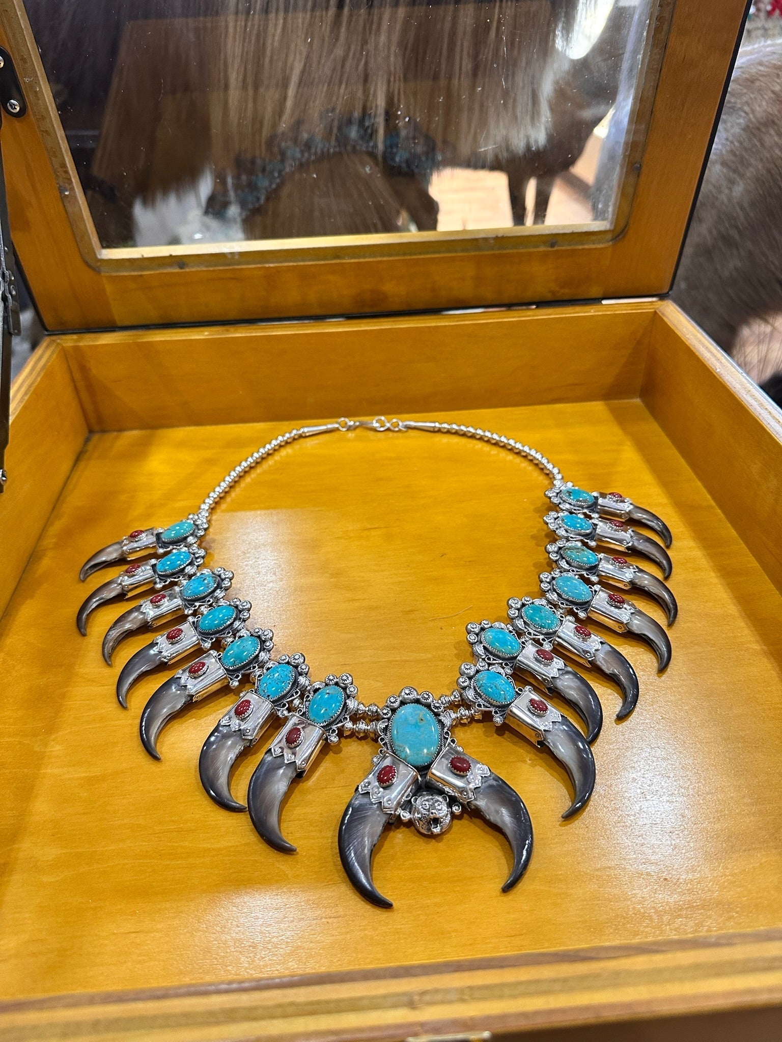 FH202-Sterling Silver Turquoise & Bear Claw Squash
Blossom Necklace