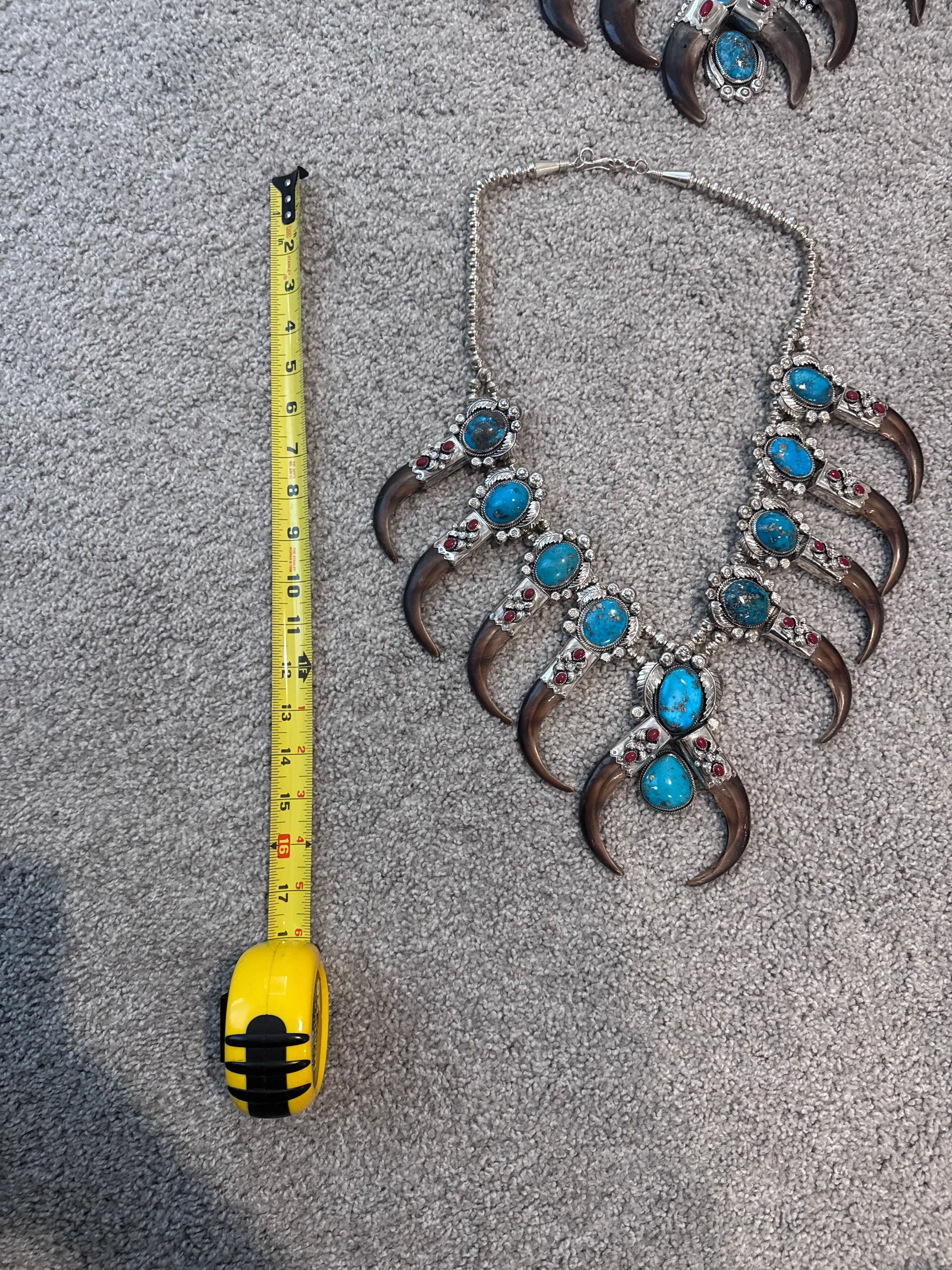 FH273-Navajo Sterling Silver Turquoise & grizzly Bear Claw Squash Blossom Necklace