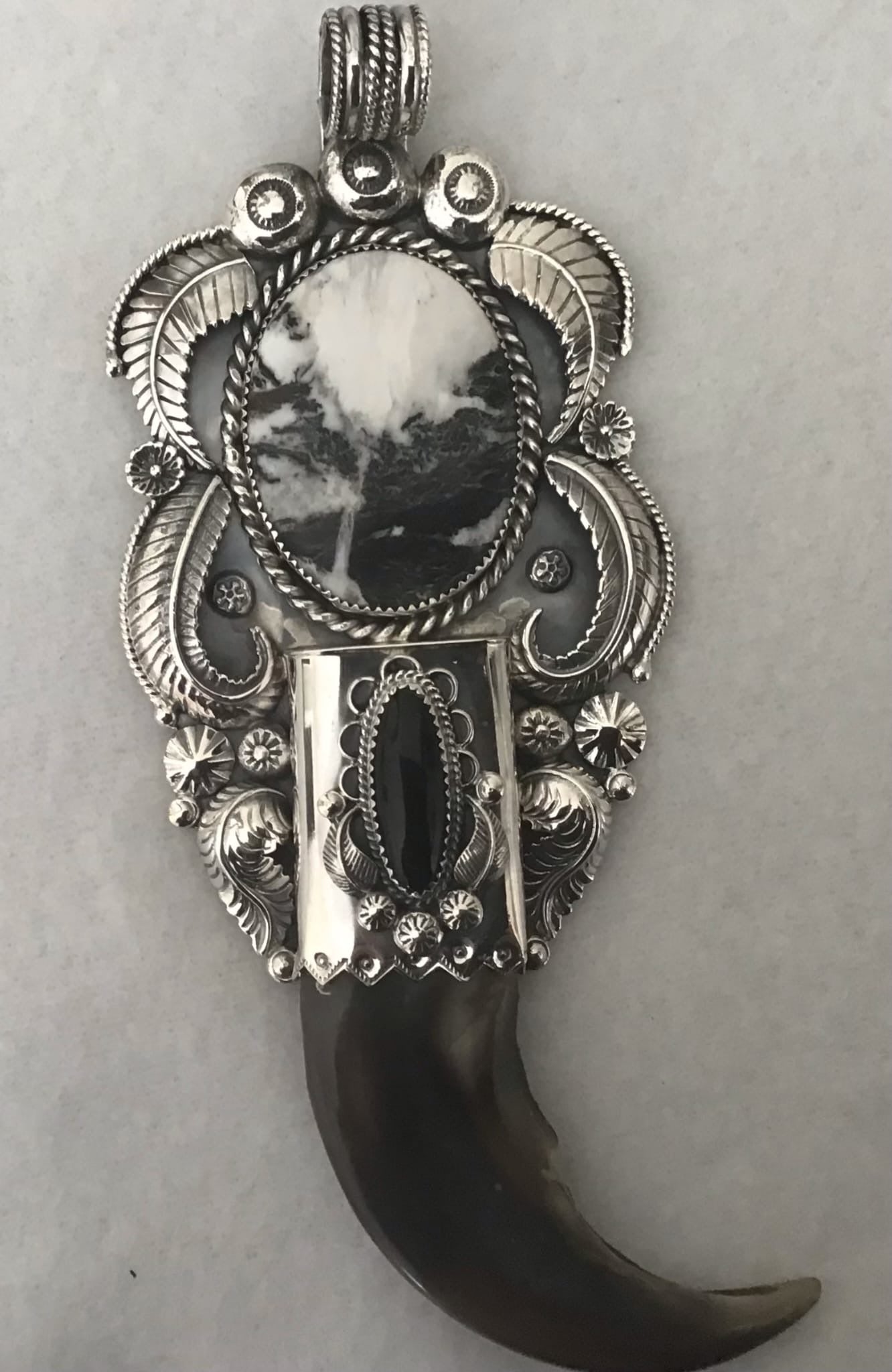 UNBELIEVABLE Sterling Silver Squash Blossom Grizzly Bear Claw & White Buffalo Turquoise