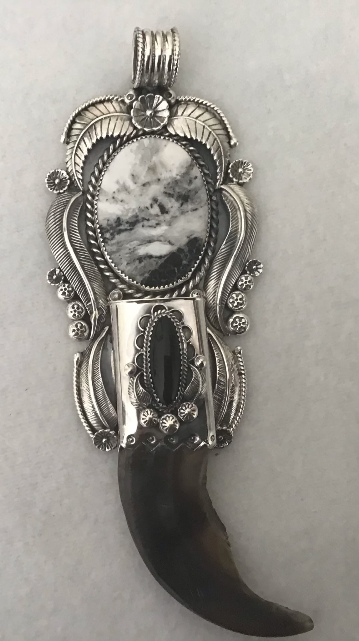 UNBELIEVABLE Sterling Silver Squash Blossom Grizzly Bear Claw & White Buffalo Turquoise