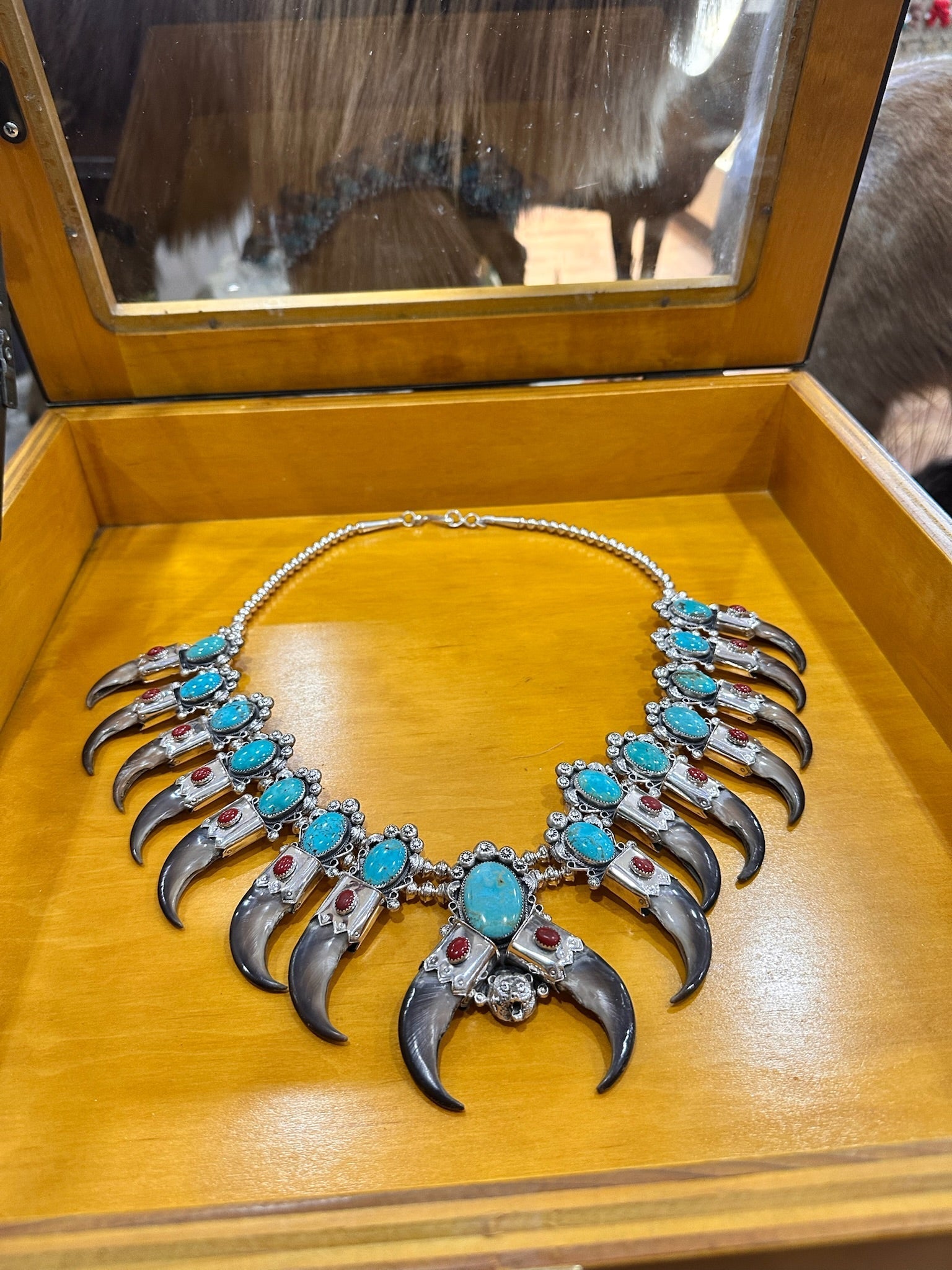FH202-Sterling Silver Turquoise & Bear Claw Squash
Blossom Necklace