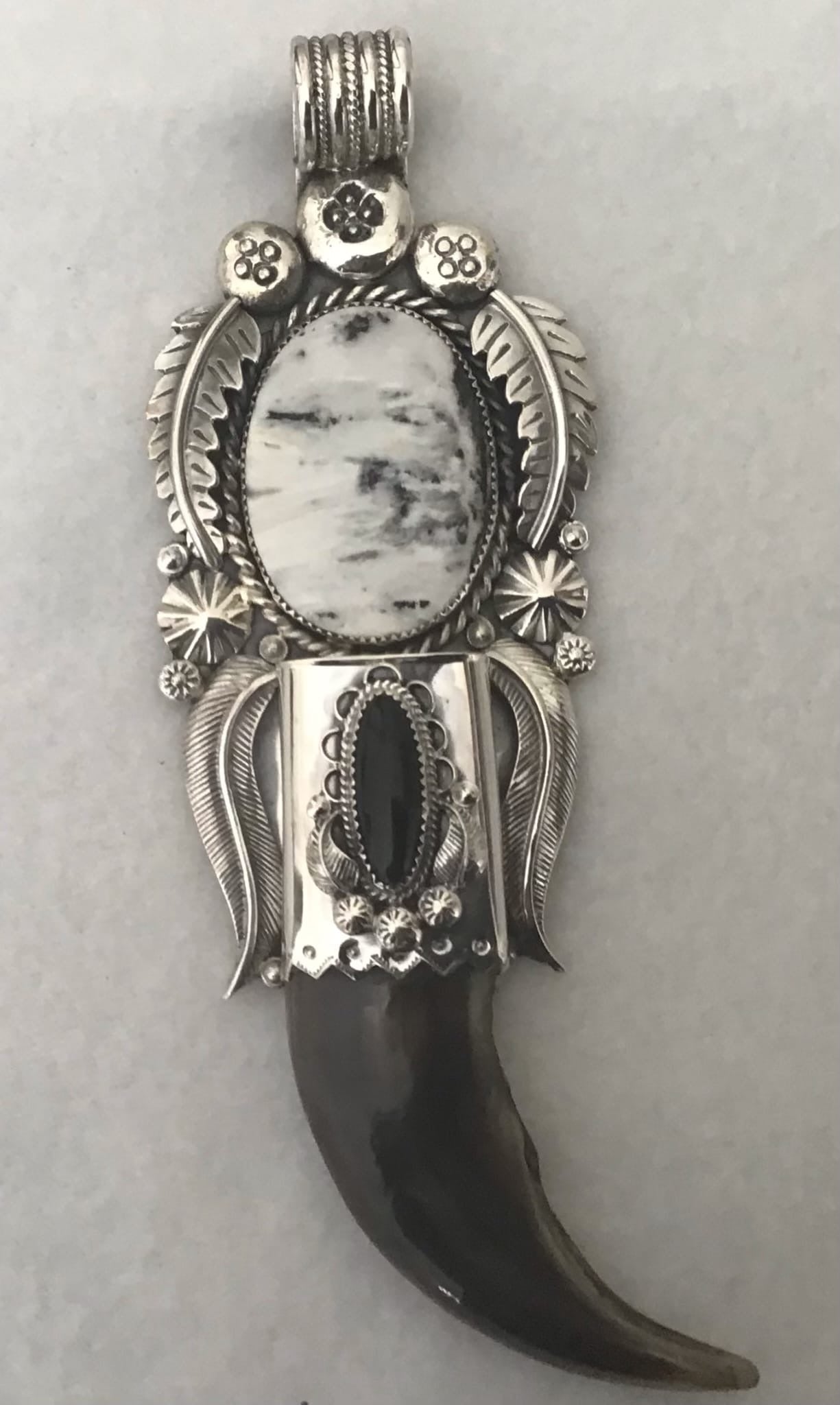 UNBELIEVABLE Sterling Silver Squash Blossom Grizzly Bear Claw & White Buffalo Turquoise