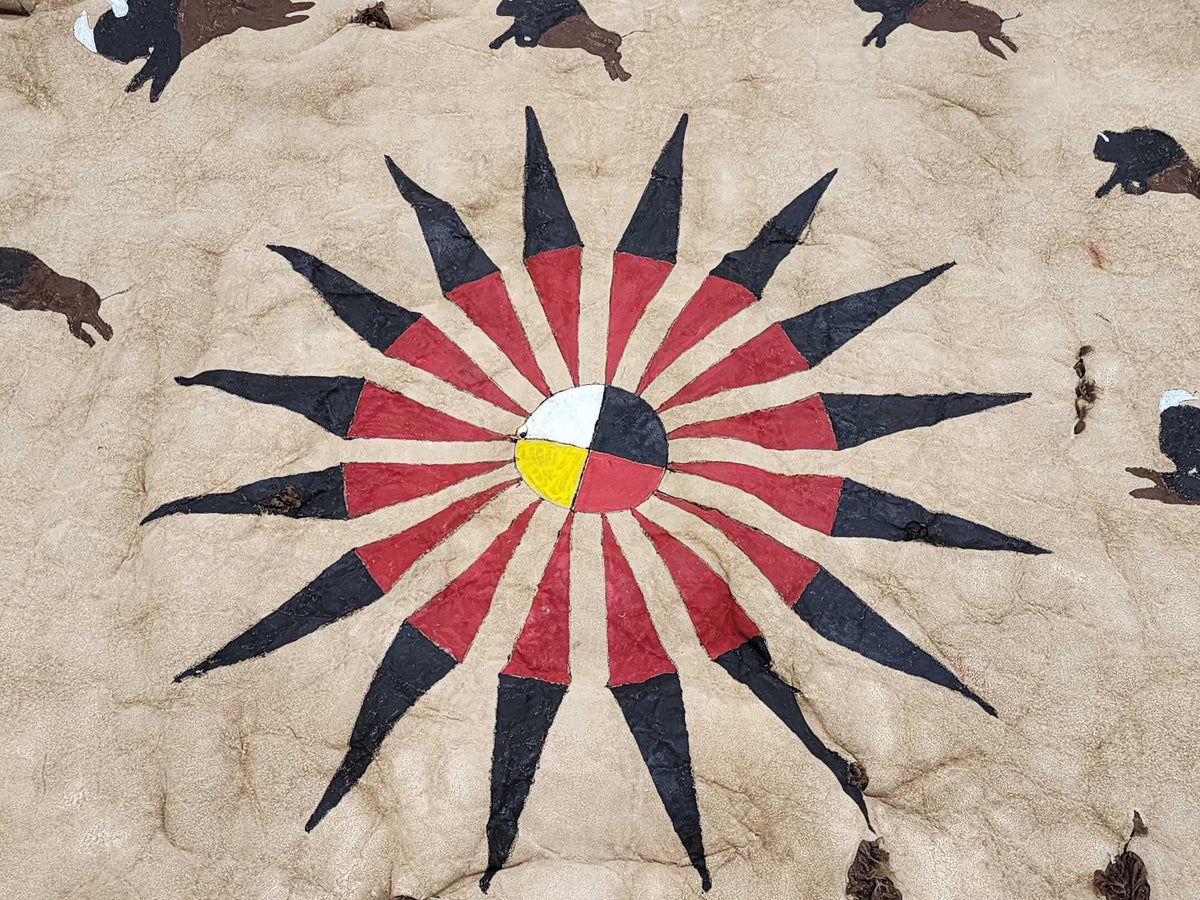FH24d - Soft Tanned American Bison Buffalo Robe With Native American Painted Theme