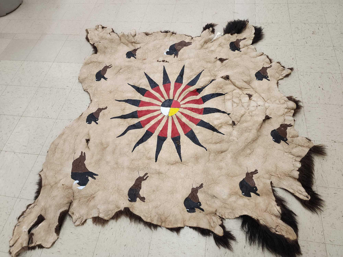 FH24d - Soft Tanned American Bison Buffalo Robe With Native American Painted Theme