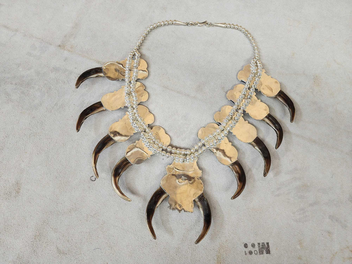 FH46d - Spectacular Navajo Style Squash Blossom Sterling Silver & Grizzly Bear Claw Necklace By Retired