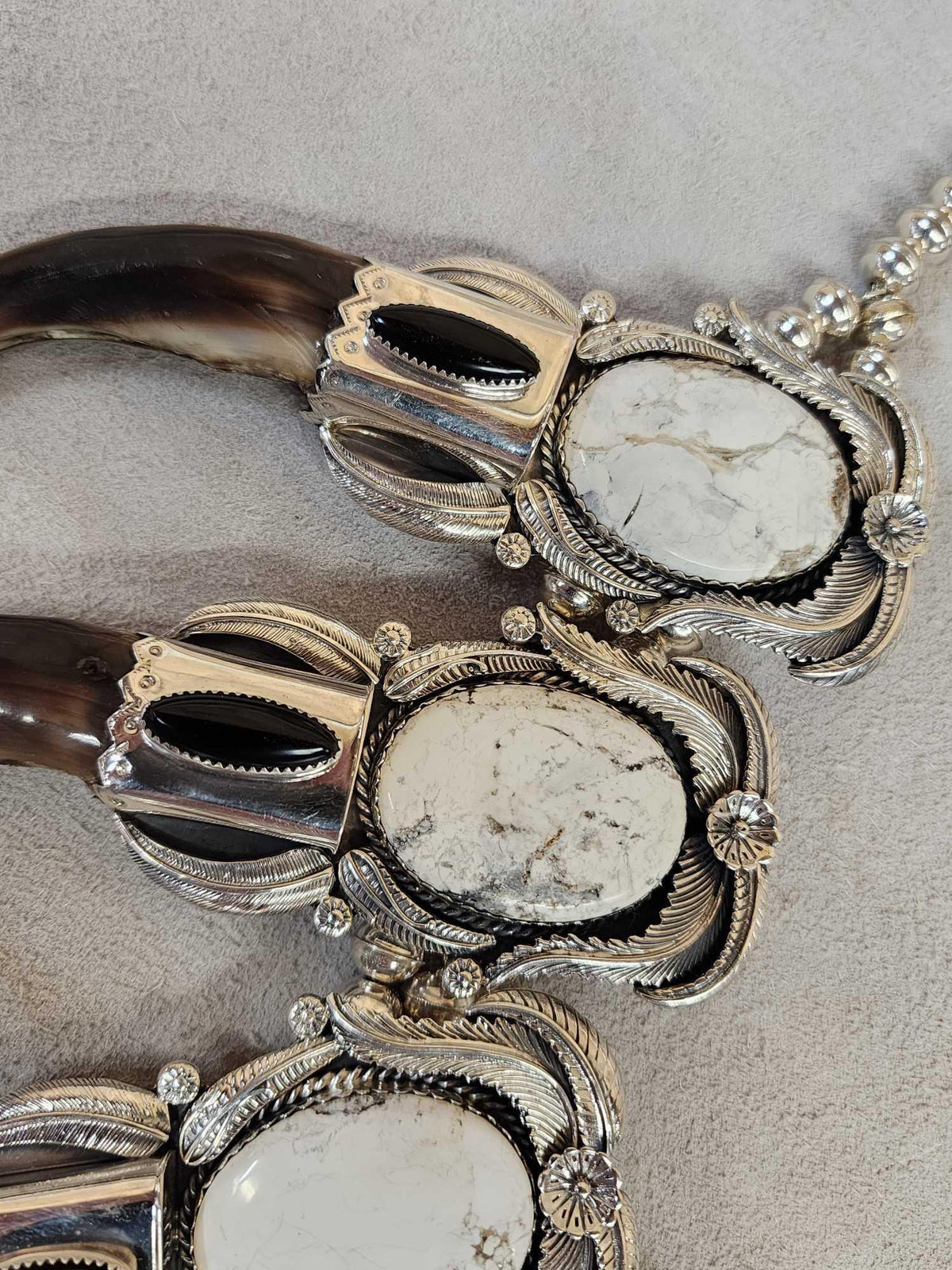 FH46d - Spectacular Navajo Style Squash Blossom Sterling Silver & Grizzly Bear Claw Necklace By Retired