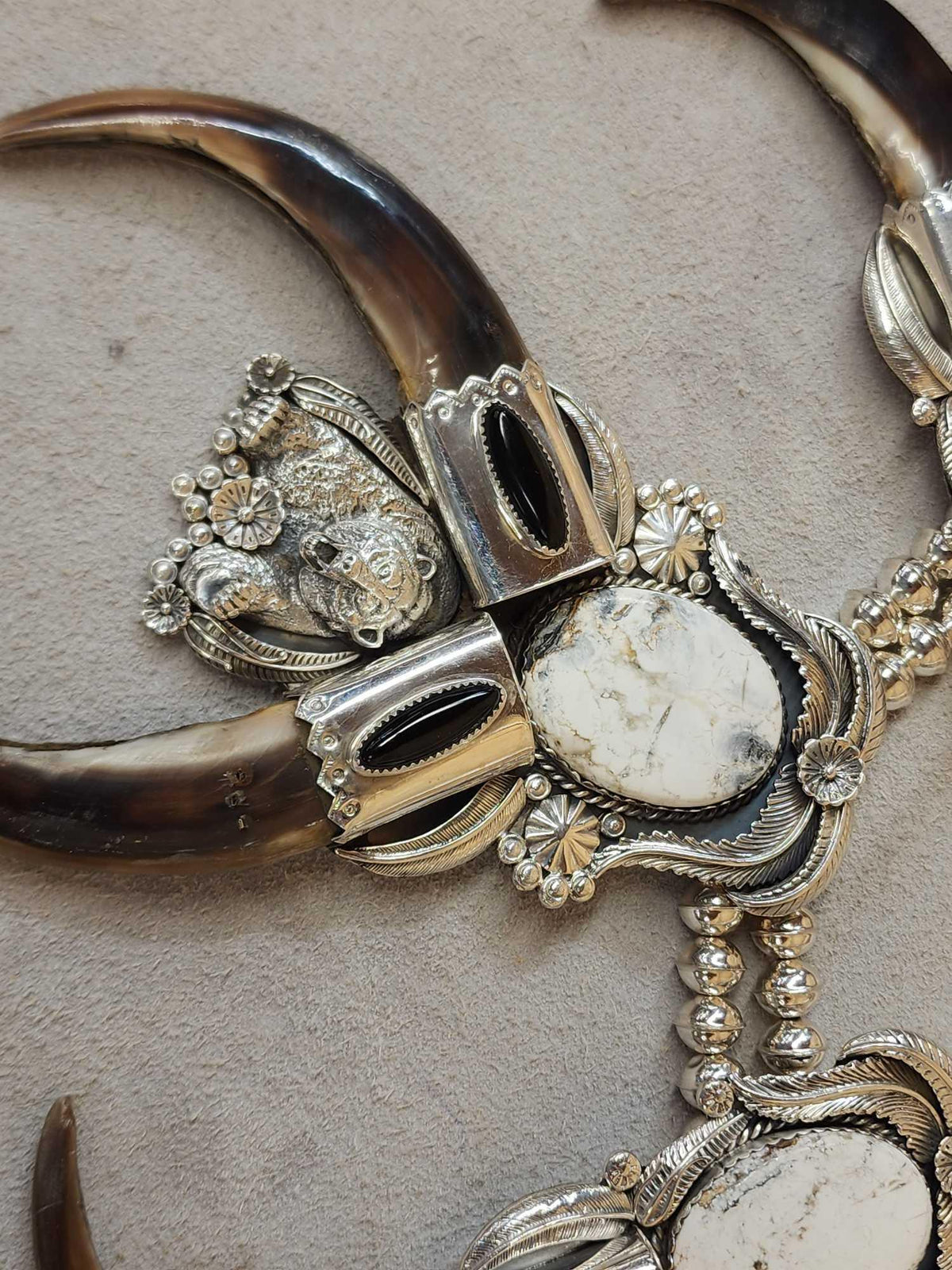 FH46d - Spectacular Navajo Style Squash Blossom Sterling Silver & Grizzly Bear Claw Necklace By Retired