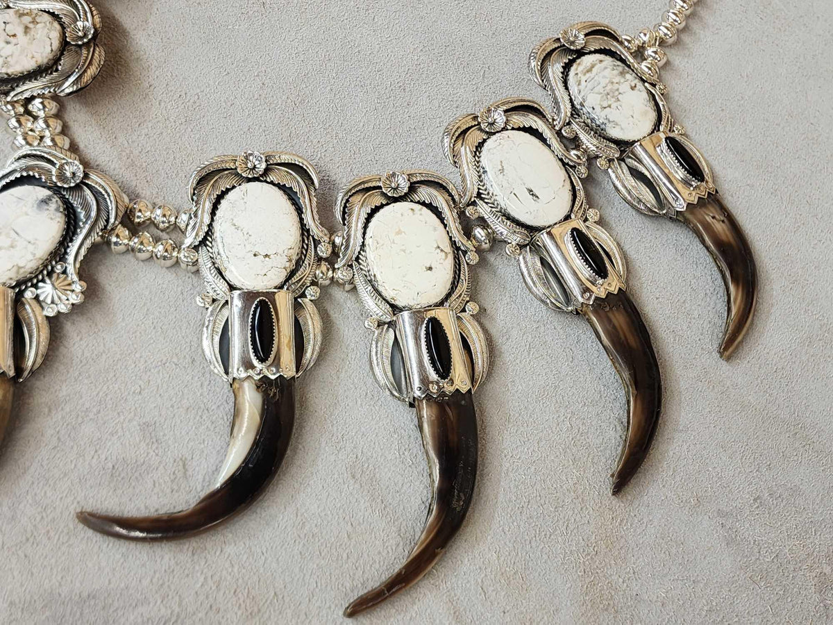 FH46d - Spectacular Navajo Style Squash Blossom Sterling Silver & Grizzly Bear Claw Necklace By Retired