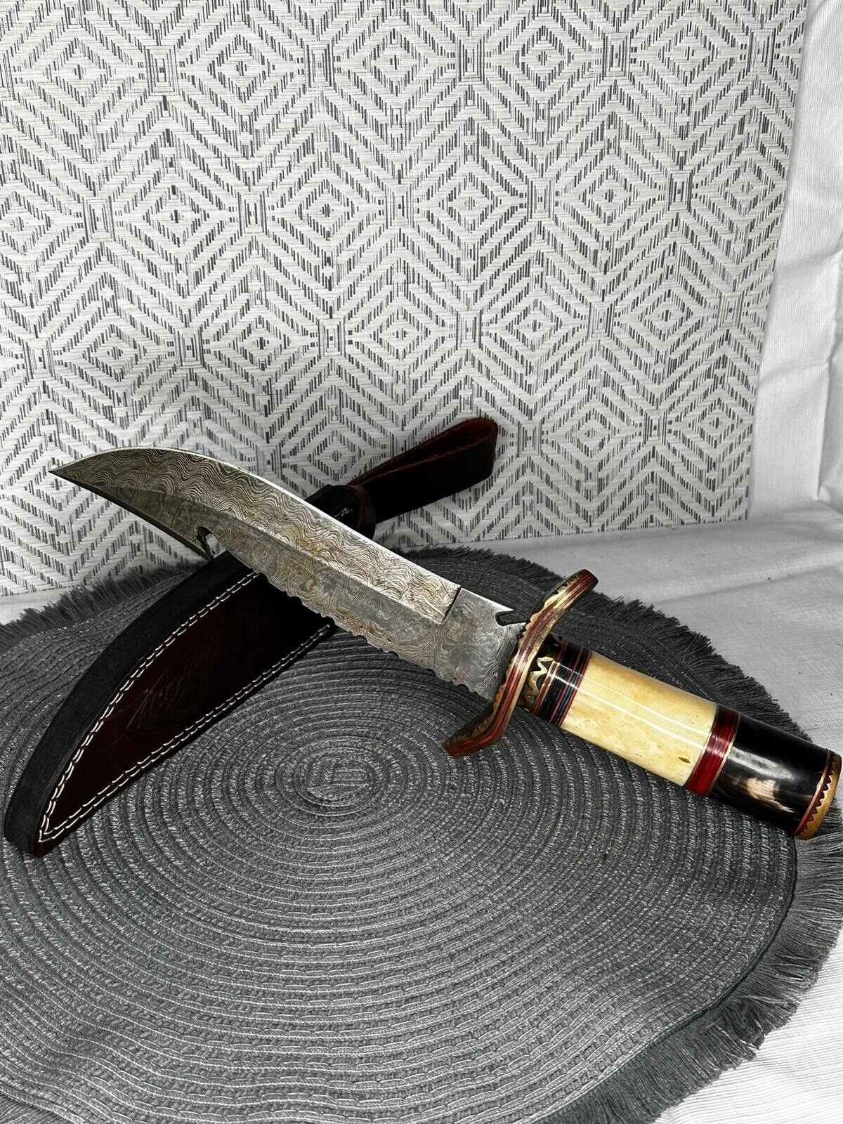 custom Bowie type knife damascus steel blade with leather sheath