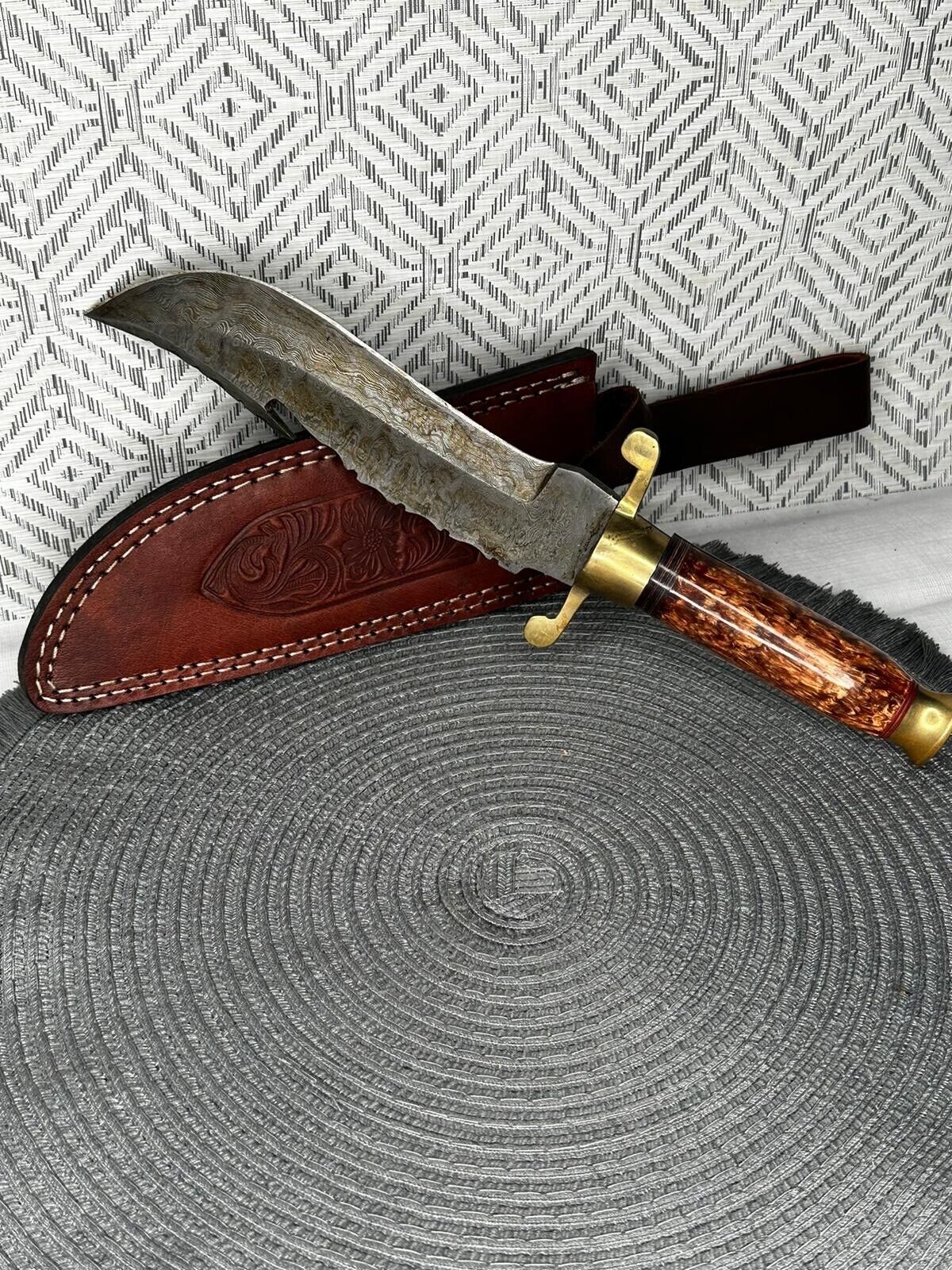 custom Bowie type knife damascus steel blade with leather sheath