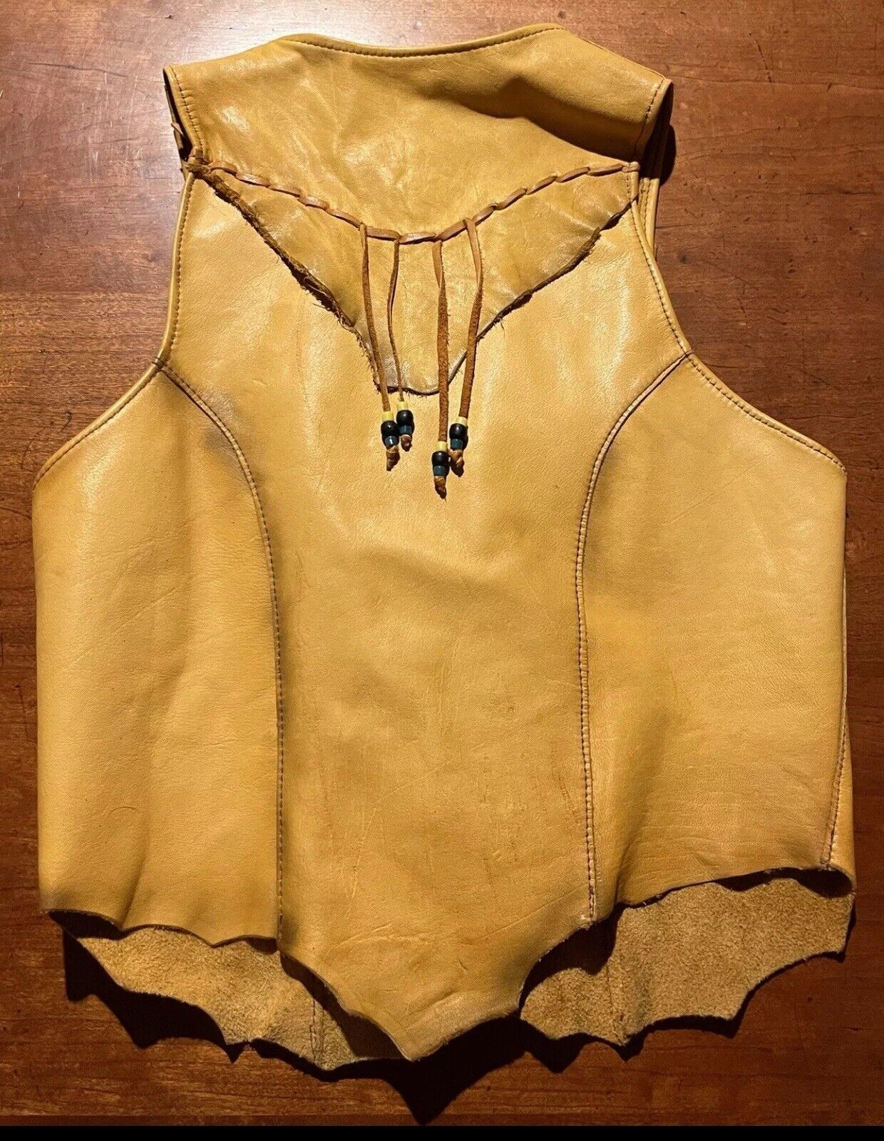 Hand Crafted XS Native American Soft Leather Fringe Beadwork Vest Antler Buttons