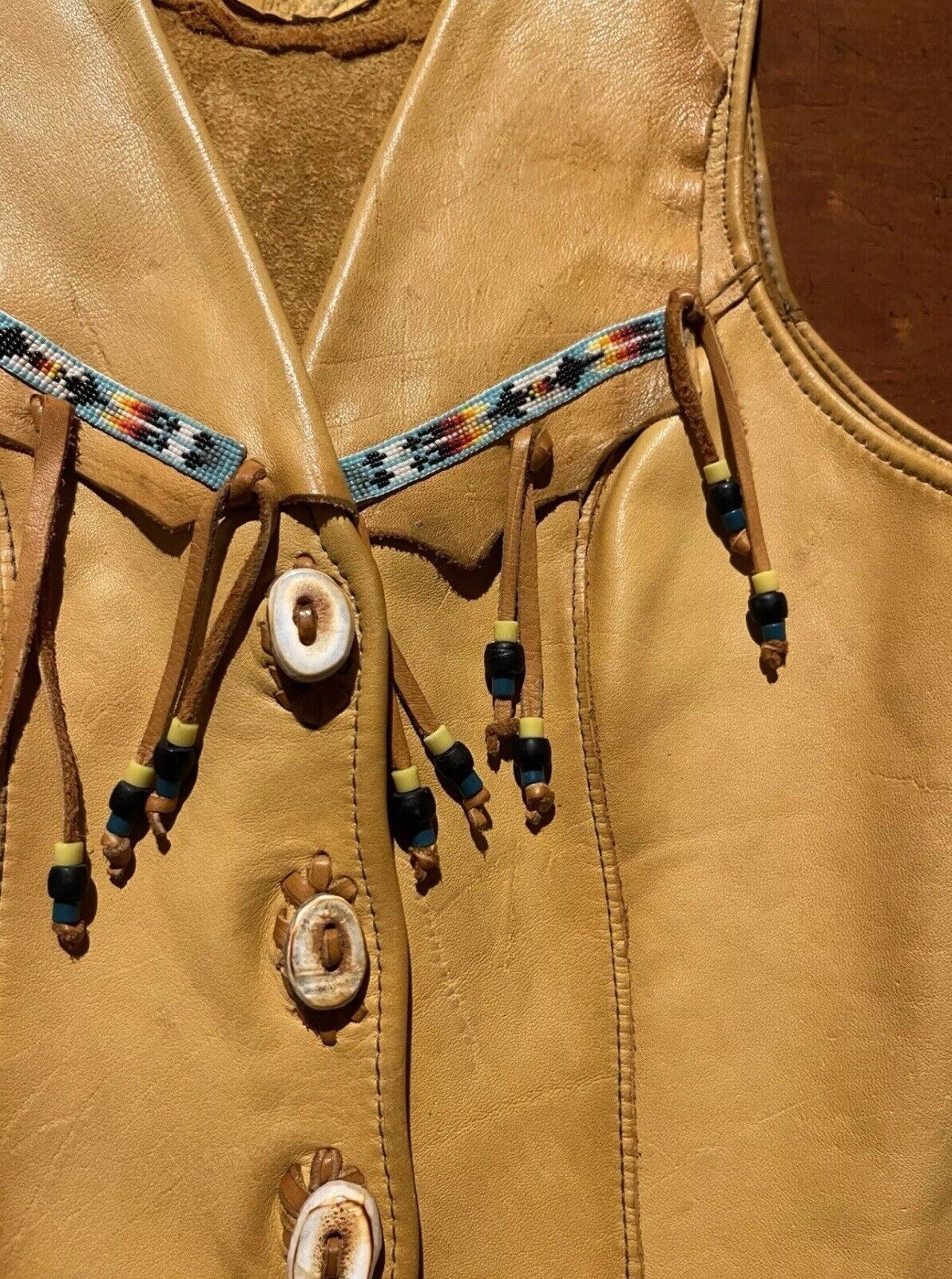 Hand Crafted XS Native American Soft Leather Fringe Beadwork Vest Antler Buttons