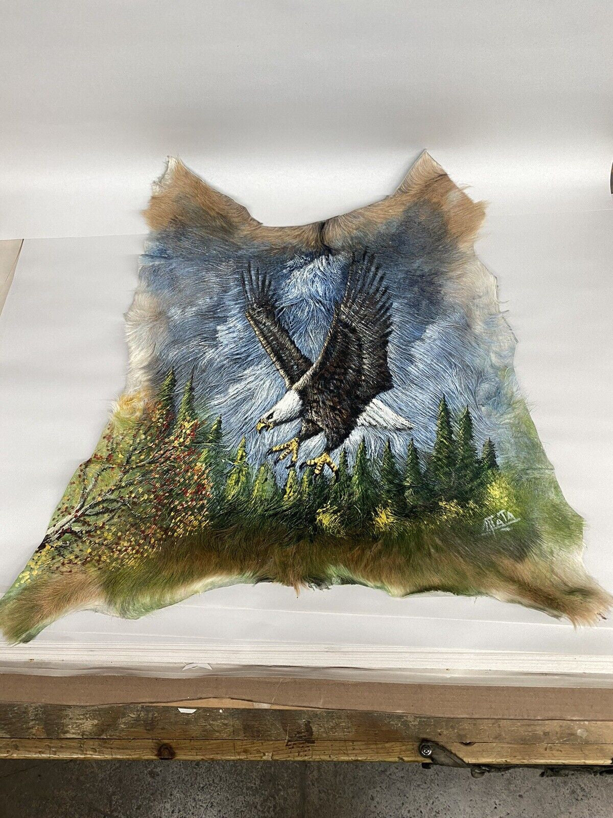 Original Native American Oil Painting American Eagle On Goat Hide Western Art