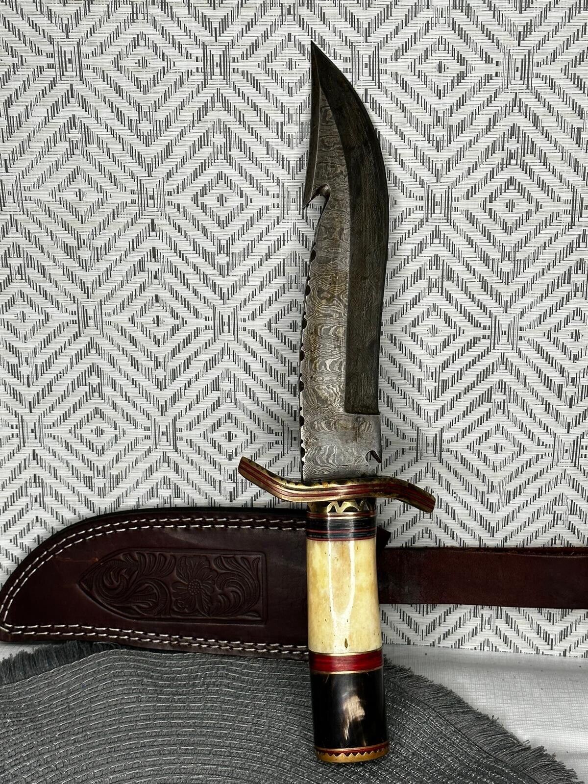 custom Bowie type knife damascus steel blade with leather sheath