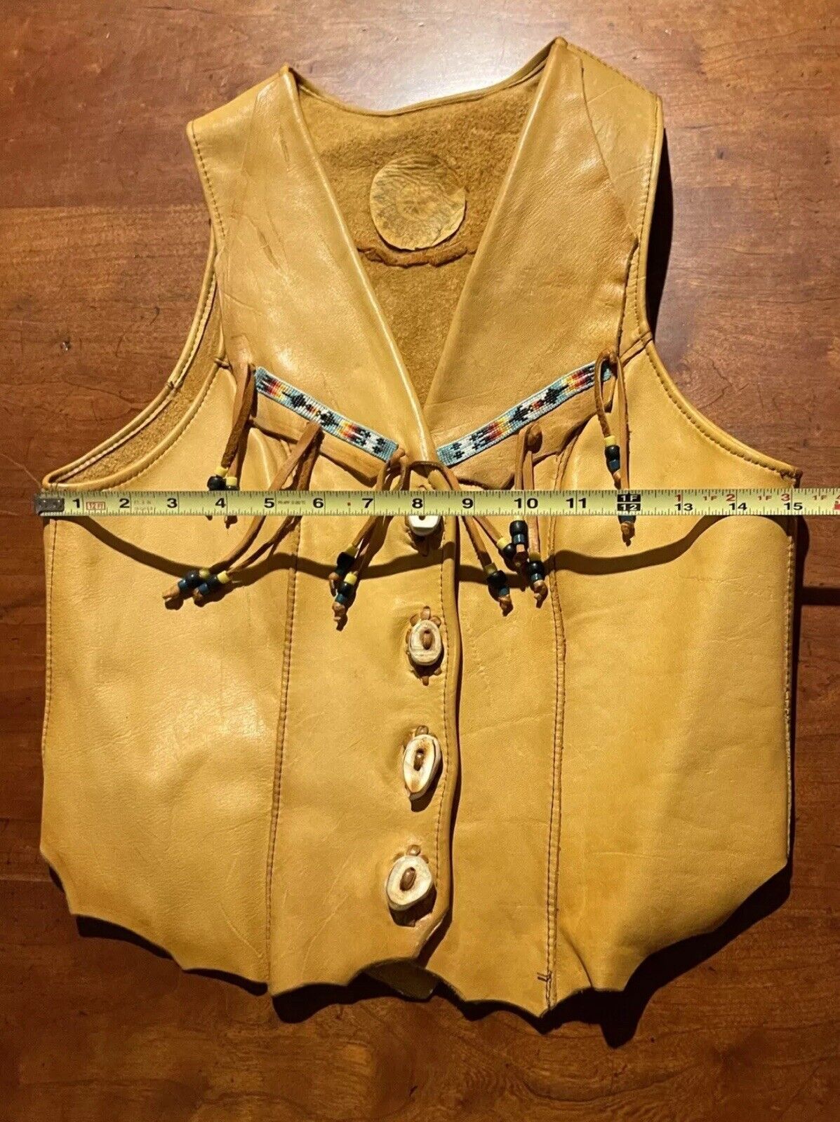Hand Crafted XS Native American Soft Leather Fringe Beadwork Vest Antler Buttons