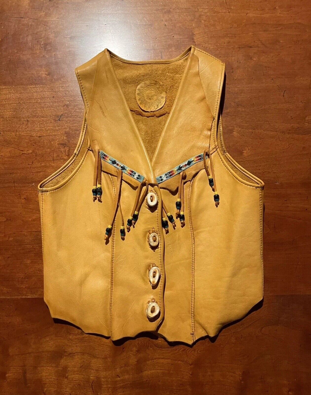 Hand Crafted XS Native American Soft Leather Fringe Beadwork Vest Antler Buttons