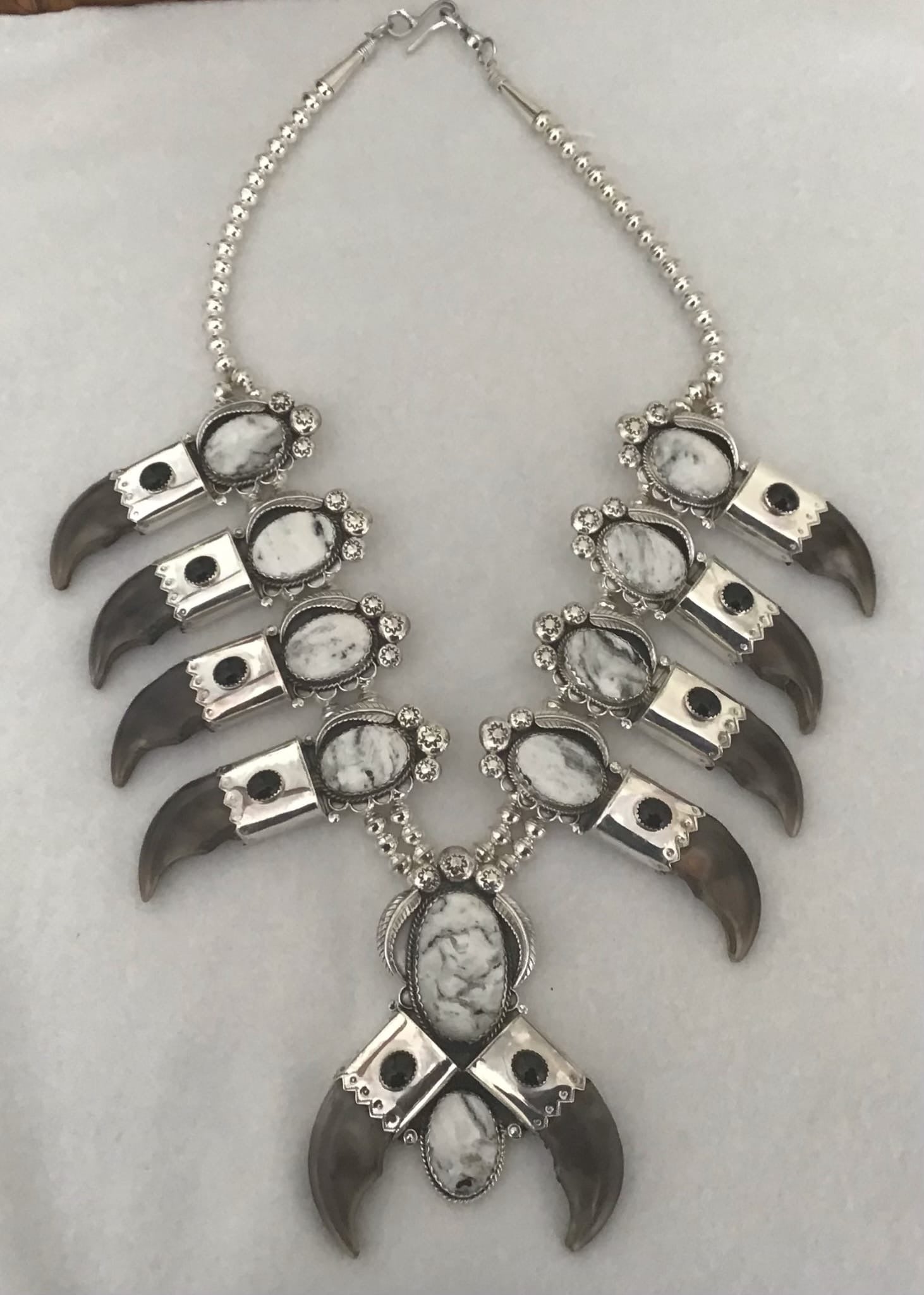 Beautiful Navajo Sterling Silver Squash Blossom Grizzly Bear rear Claws & White Buffalo Turquoise