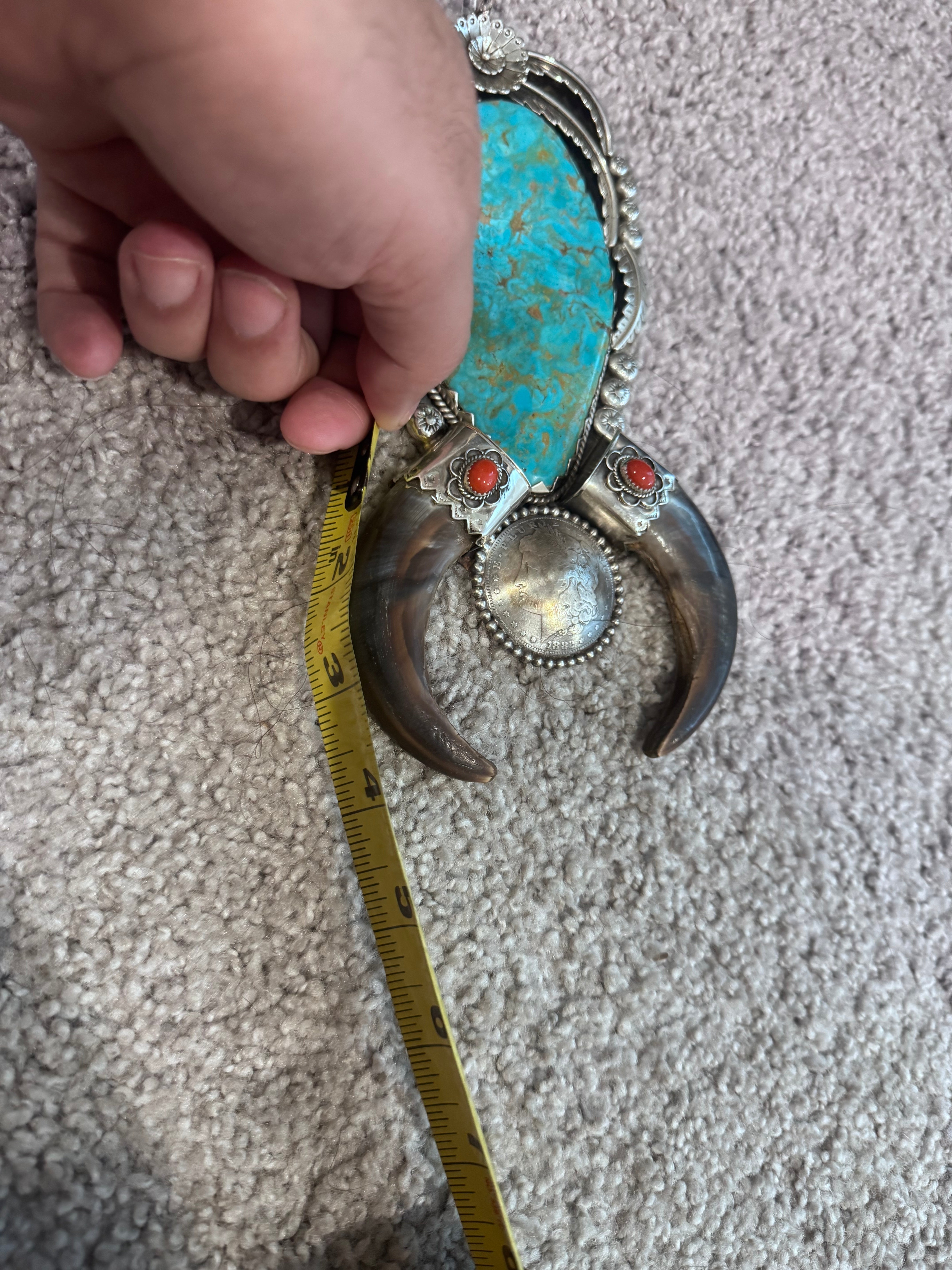 FH273-Navajo Sterling Silver Turquoise & grizzly Bear Claw Squash Blossom Necklace