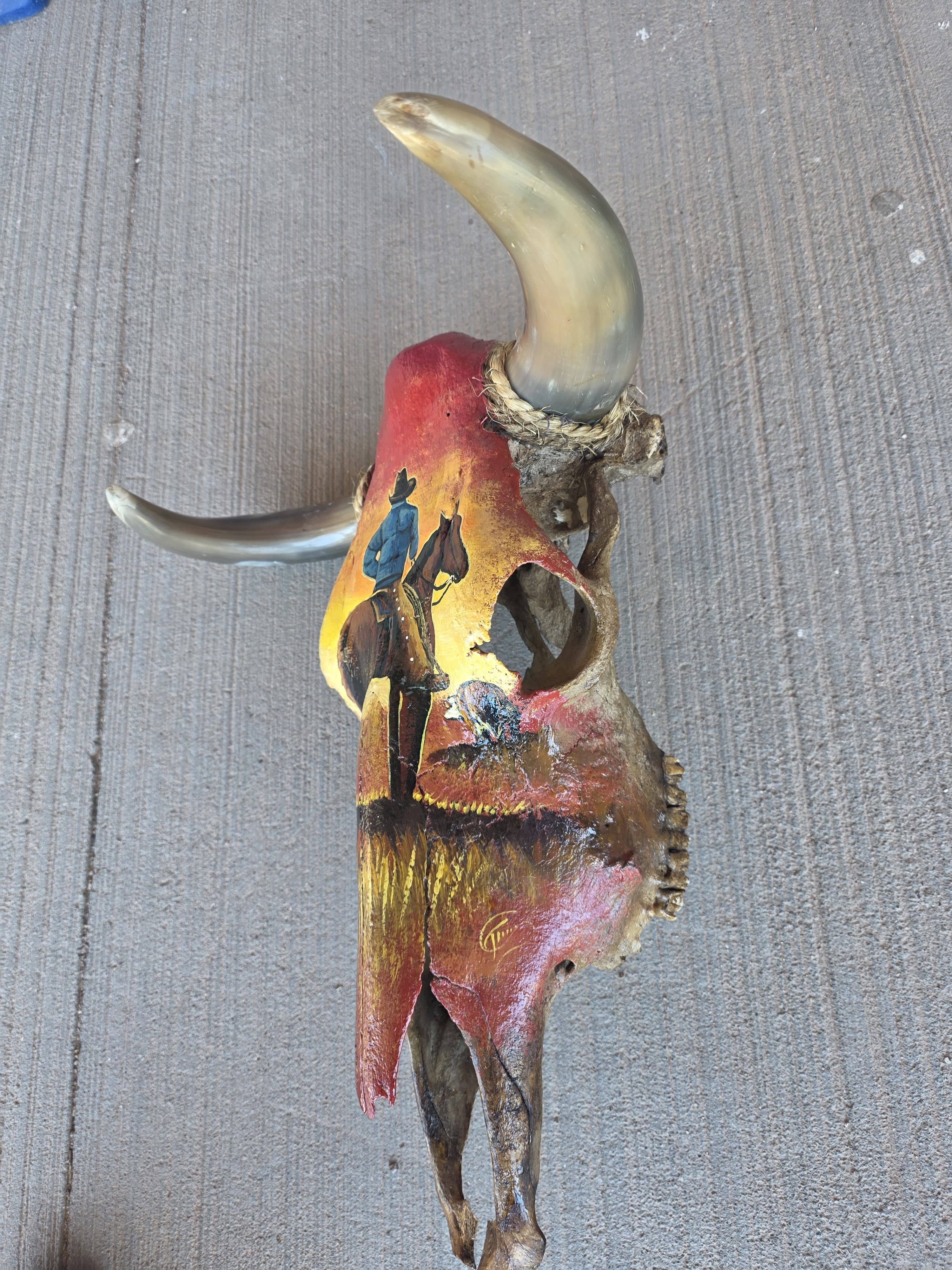 FHRAN77 - Hand-Painted Western Longhorn Skull – Cowboy Sunset Art