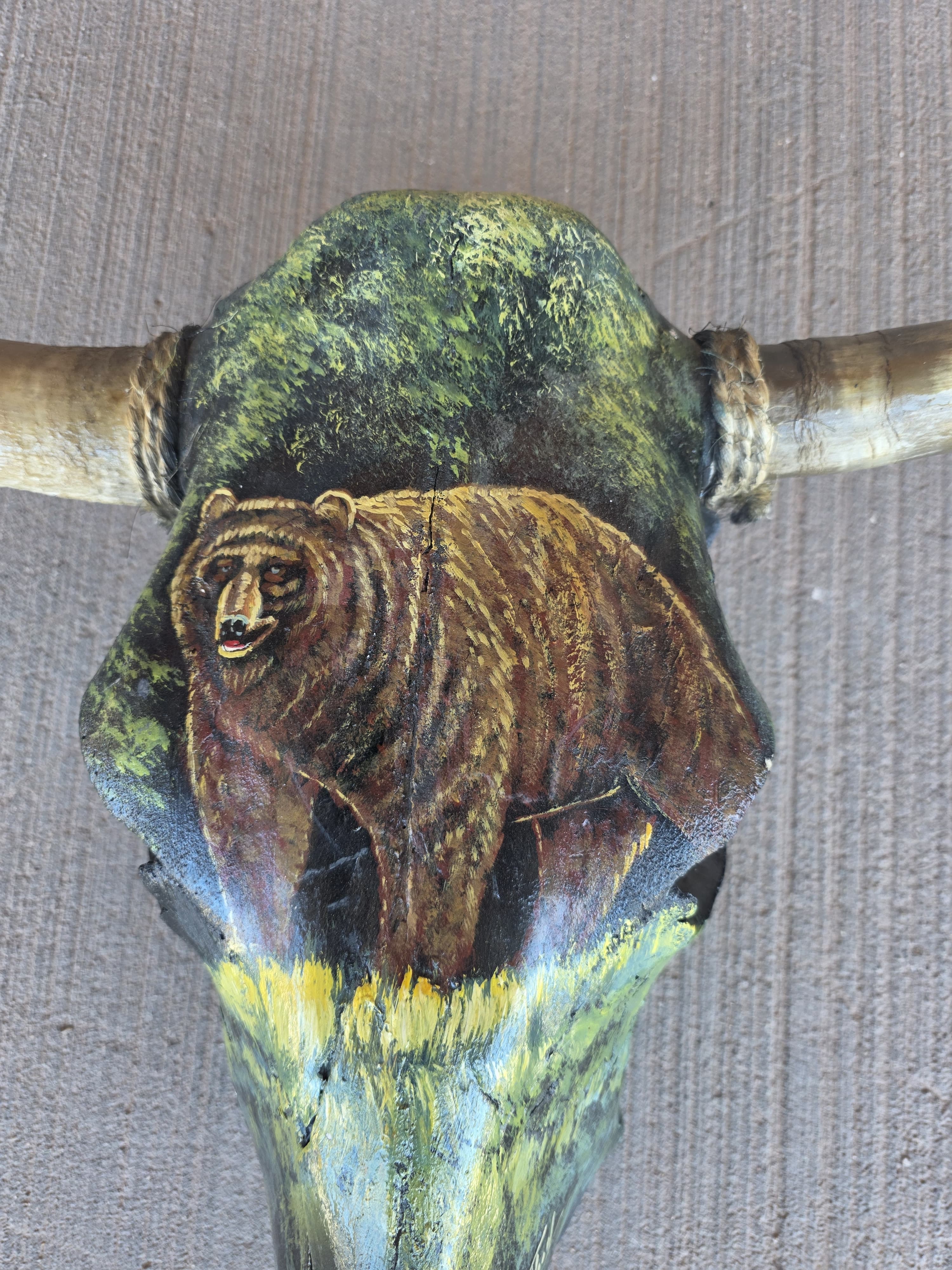 FHRAN78 - Hand-Painted Bear Longhorn Skull – Rustic Wildlife Art