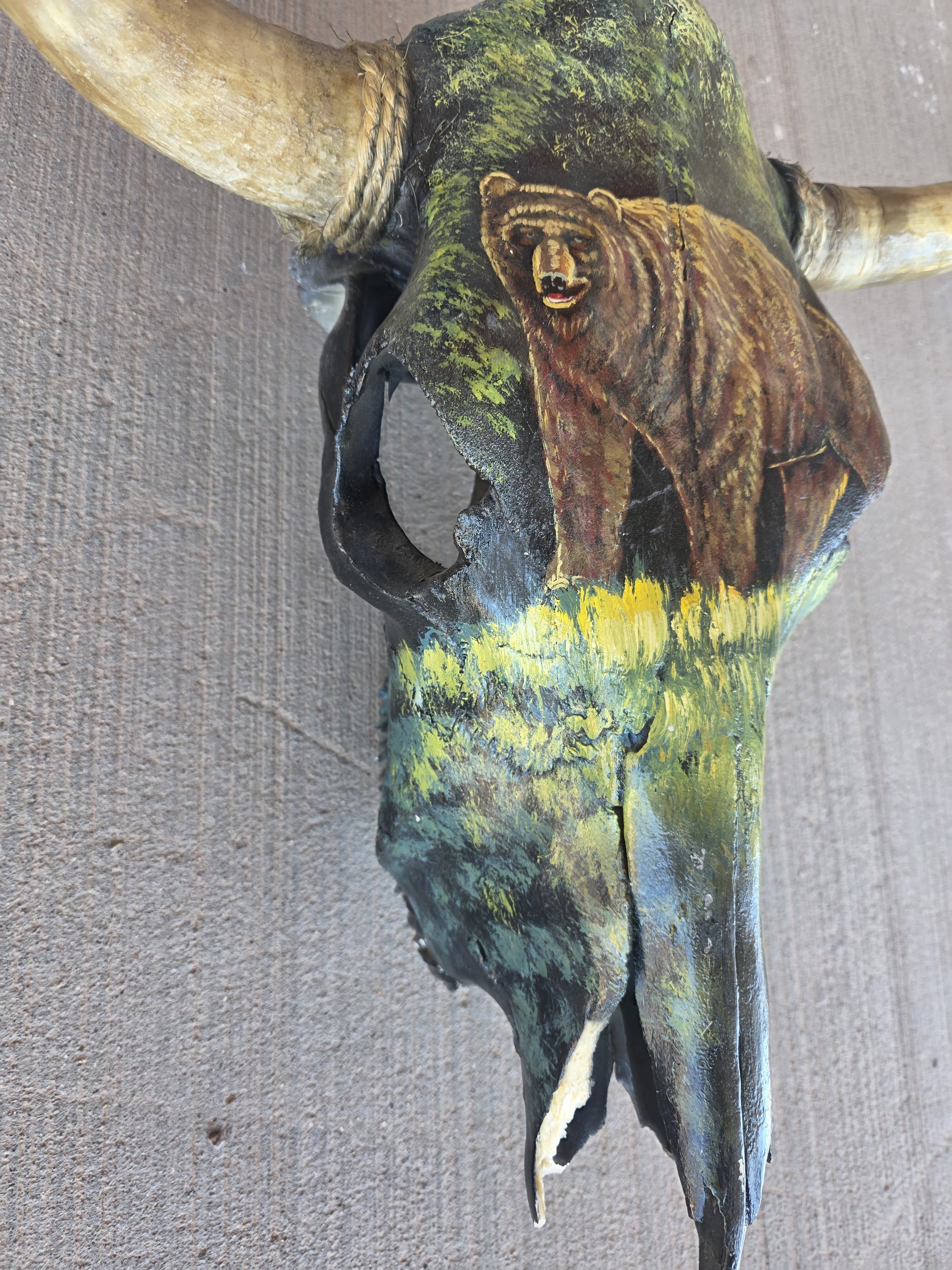 FHRAN78 - Hand-Painted Bear Longhorn Skull – Rustic Wildlife Art
