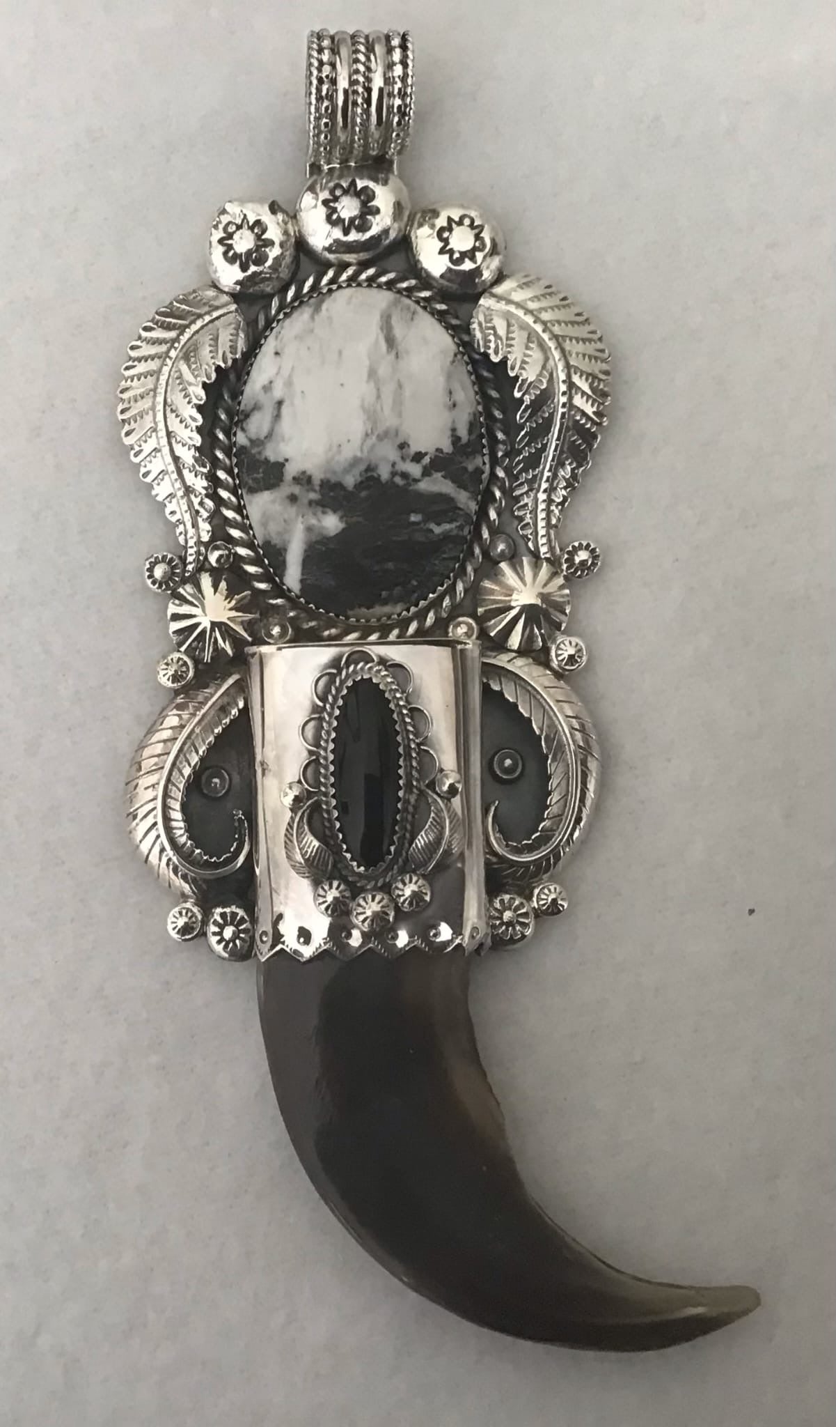 UNBELIEVABLE Sterling Silver Squash Blossom Grizzly Bear Claw & White Buffalo Turquoise