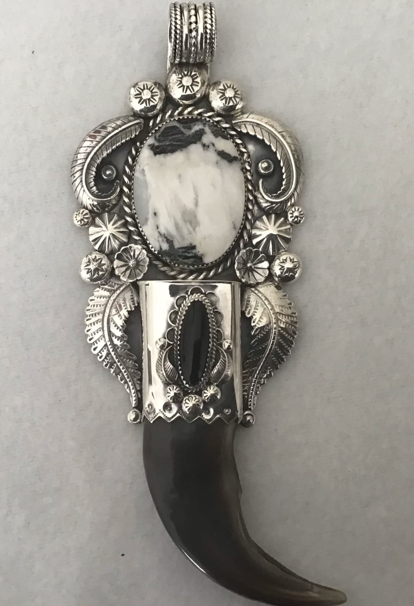 UNBELIEVABLE Sterling Silver Squash Blossom Grizzly Bear Claw & White Buffalo Turquoise