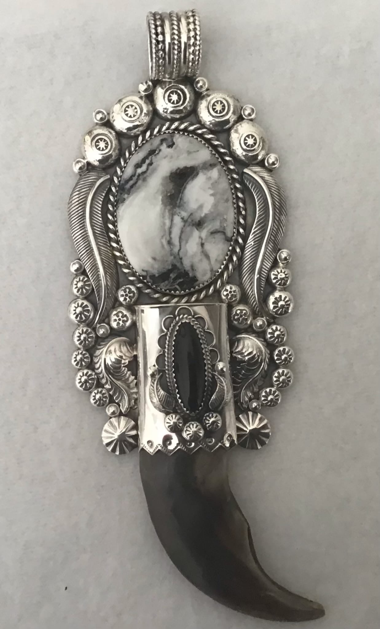 UNBELIEVABLE Sterling Silver Squash Blossom Grizzly Bear Claw & White Buffalo Turquoise