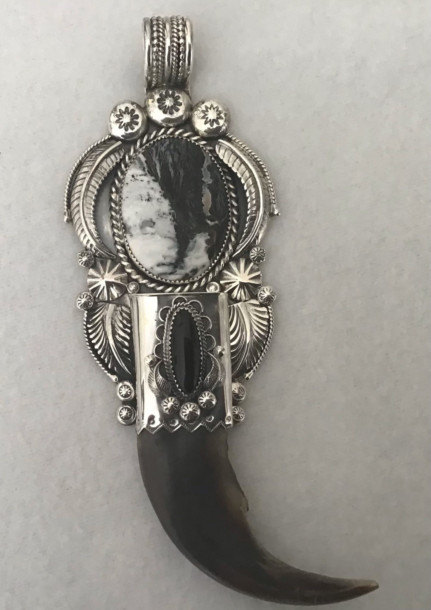 UNBELIEVABLE Sterling Silver Squash Blossom Grizzly Bear Claw & White Buffalo Turquoise