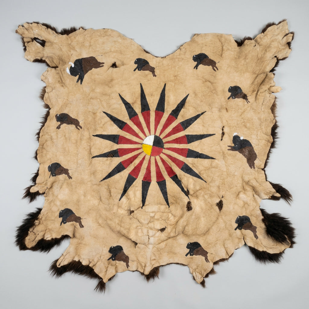 FH24d - Soft Tanned American Bison Buffalo Robe With Native American Painted Theme
