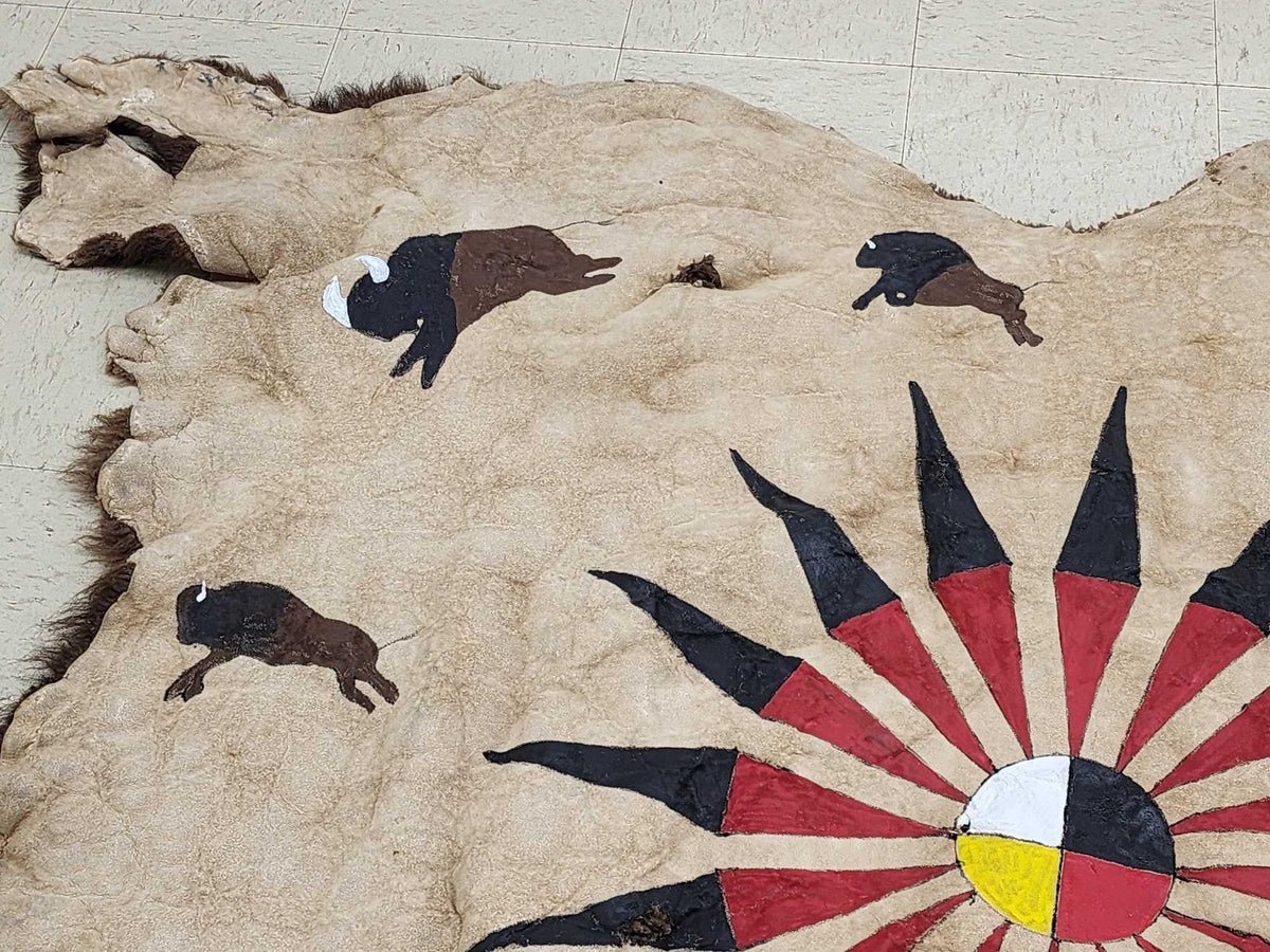 FH24d - Soft Tanned American Bison Buffalo Robe With Native American Painted Theme