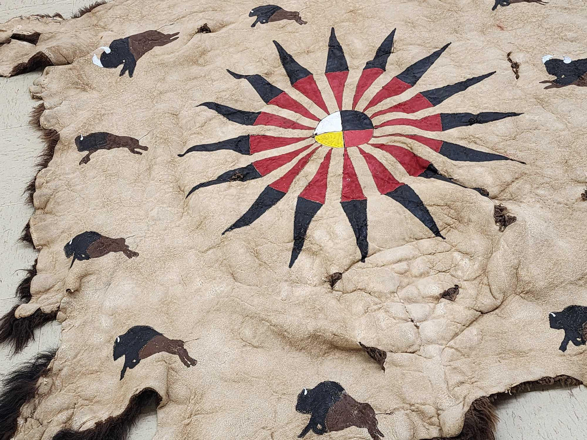 FH24d - Soft Tanned American Bison Buffalo Robe With Native American Painted Theme