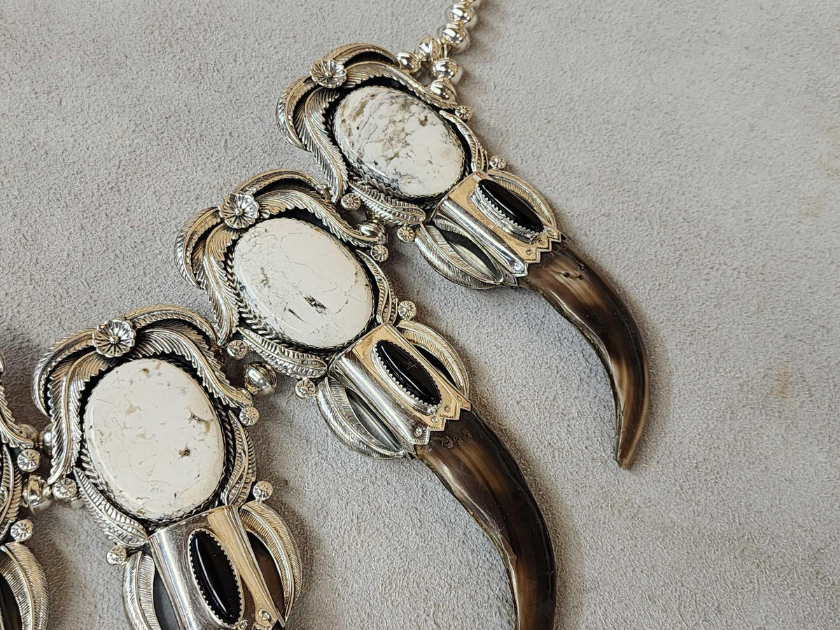 FH46d - Spectacular Navajo Style Squash Blossom Sterling Silver & Grizzly Bear Claw Necklace By Retired