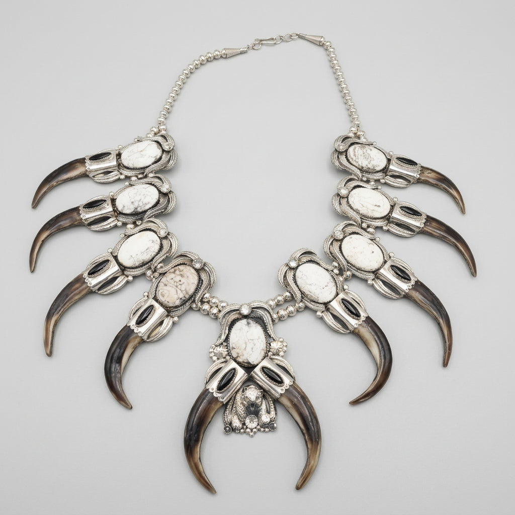 FH46d - Spectacular Navajo Style Squash Blossom Sterling Silver & Grizzly Bear Claw Necklace By Retired