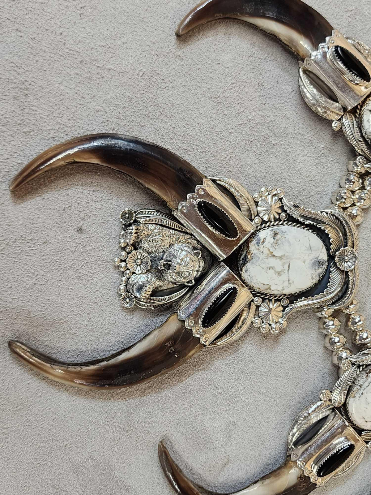 FH46d - Spectacular Navajo Style Squash Blossom Sterling Silver & Grizzly Bear Claw Necklace By Retired