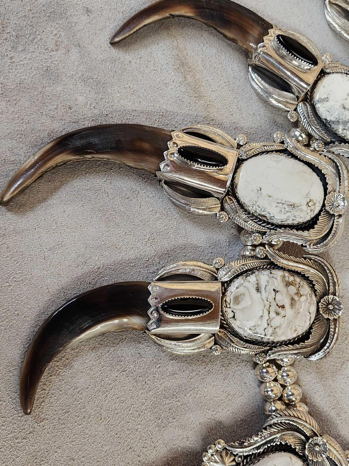 FH46d - Spectacular Navajo Style Squash Blossom Sterling Silver & Grizzly Bear Claw Necklace By Retired