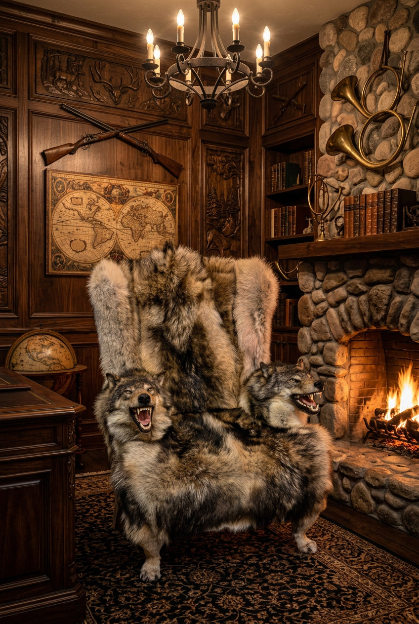 FHWL247 - real wolf chair taxidermy fur man cave