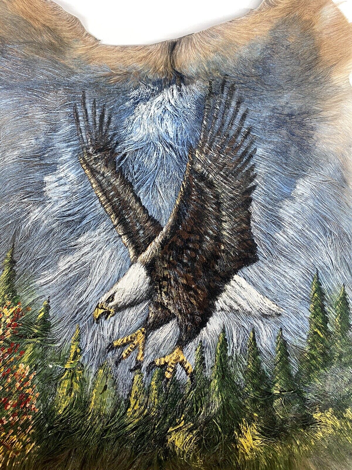 Original Native American Oil Painting American Eagle On Goat Hide Western Art