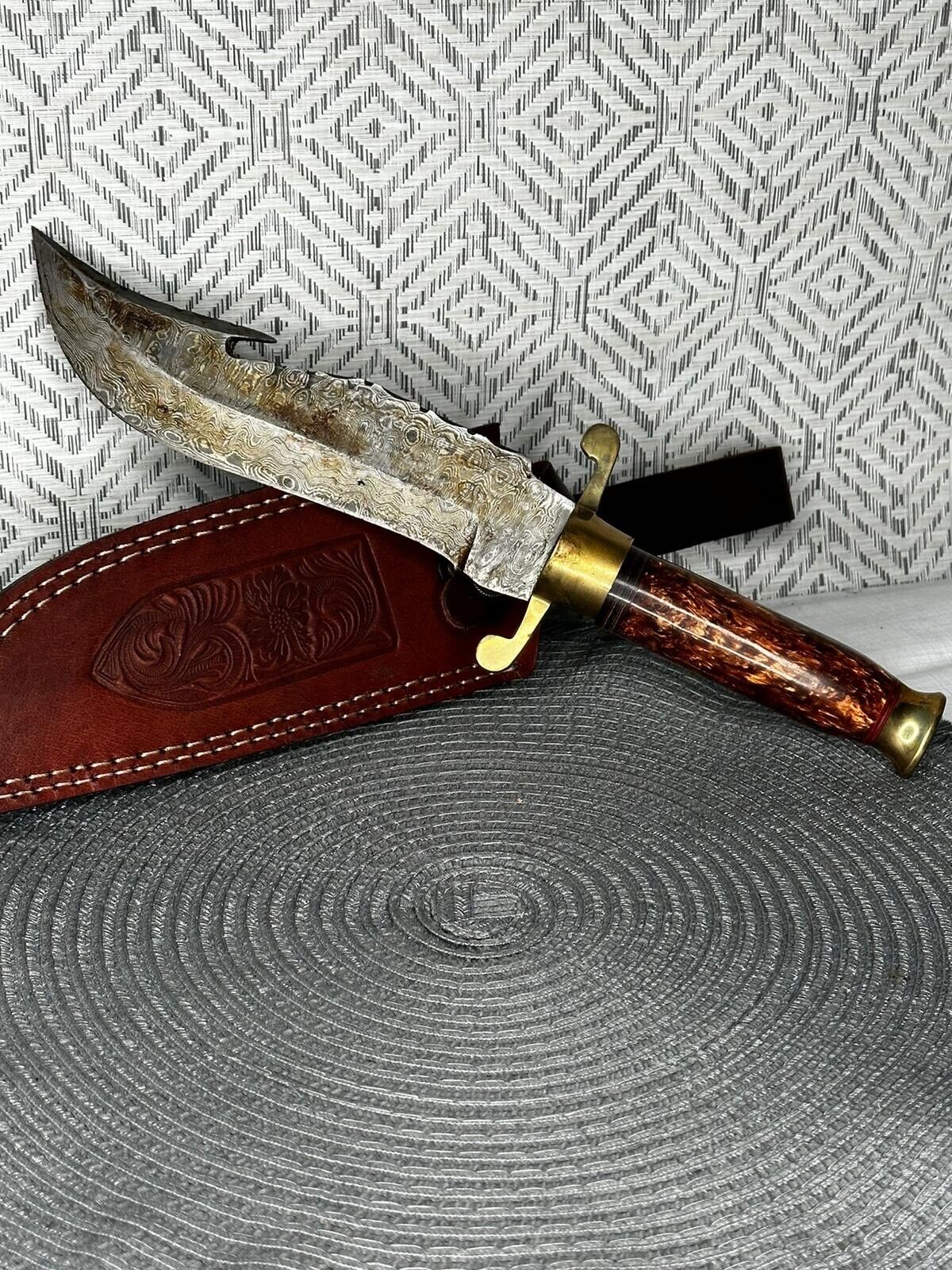 custom Bowie type knife damascus steel blade with leather sheath