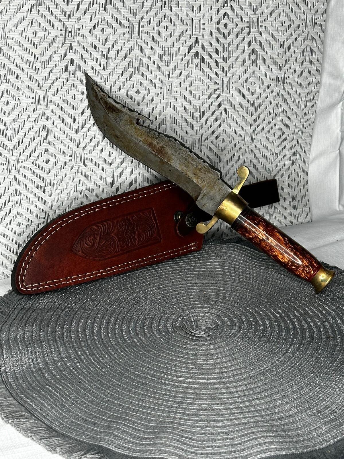 custom Bowie type knife damascus steel blade with leather sheath